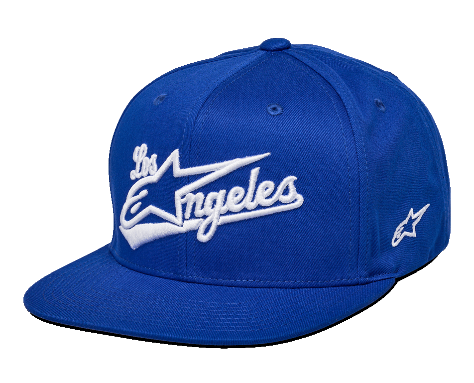 Casquette Alpinestars Los Angeles, casquette snapback bleue, logo Los Angeles blanc brodé en 3D avec police athlétique, visière plate, couronne structurée, couvre-chef décontracté inspiré des sports mécaniques