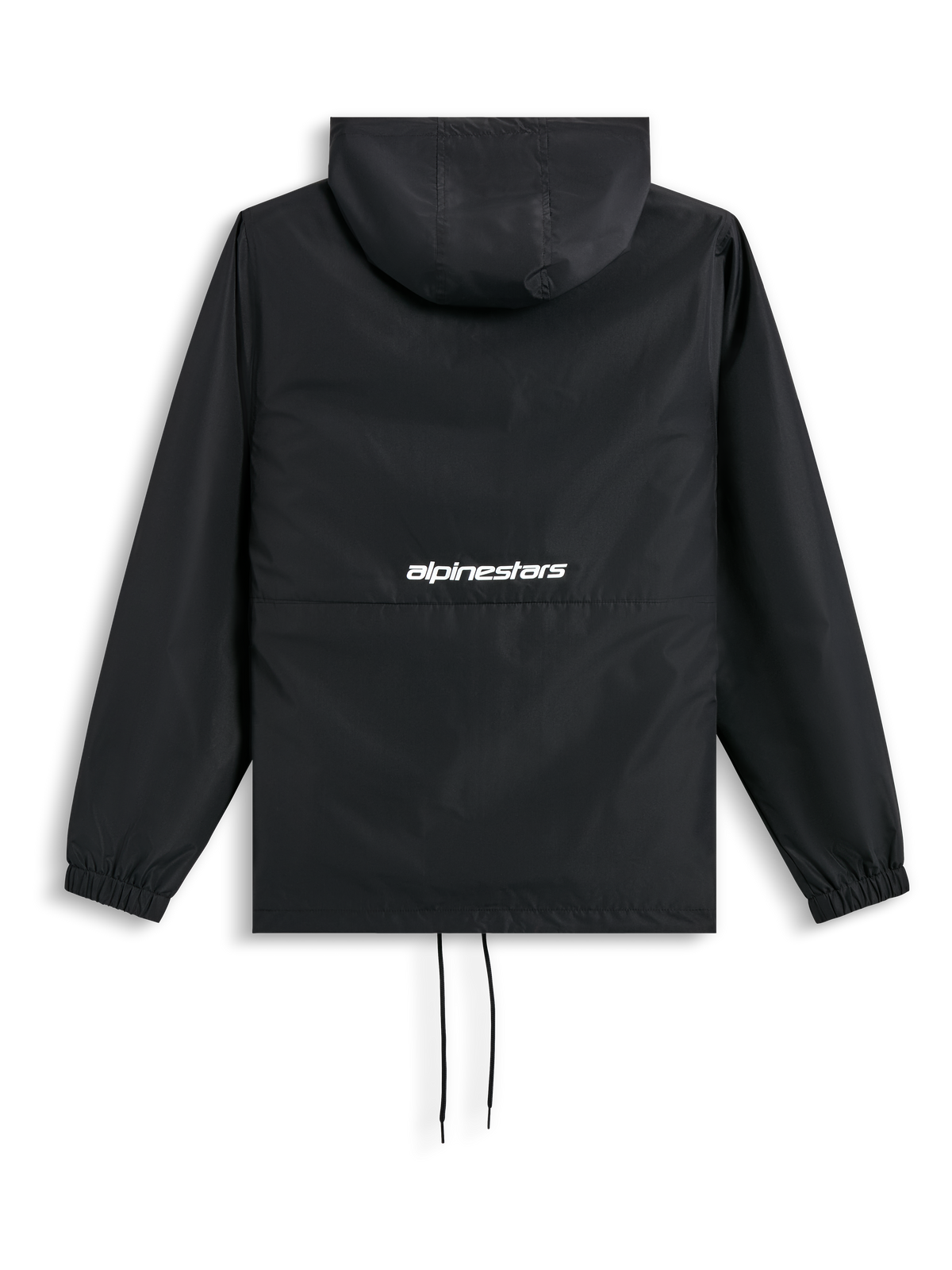 Alpinestars Speeder Chromium winddichte Jacke, schwarze Kapuzen-Windjacke, Rückansicht mit Kapuze, elastischen Bündchen, Kordelzug und weißem Alpinestars-Wortlogo auf dem Rücken.