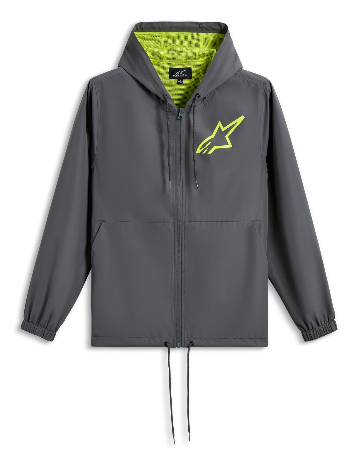Alpinestars Speeder Chromium Windbreaker-Jacke, Anthrazitgrau mit Neongelb, neongelbes Stern-Logo auf der Brust, Kapuze mit Netzfutter, durchgehender Frontreißverschluss mit Kordelzug am Saum, lässiger vom Motorsport inspirierter Windbreaker