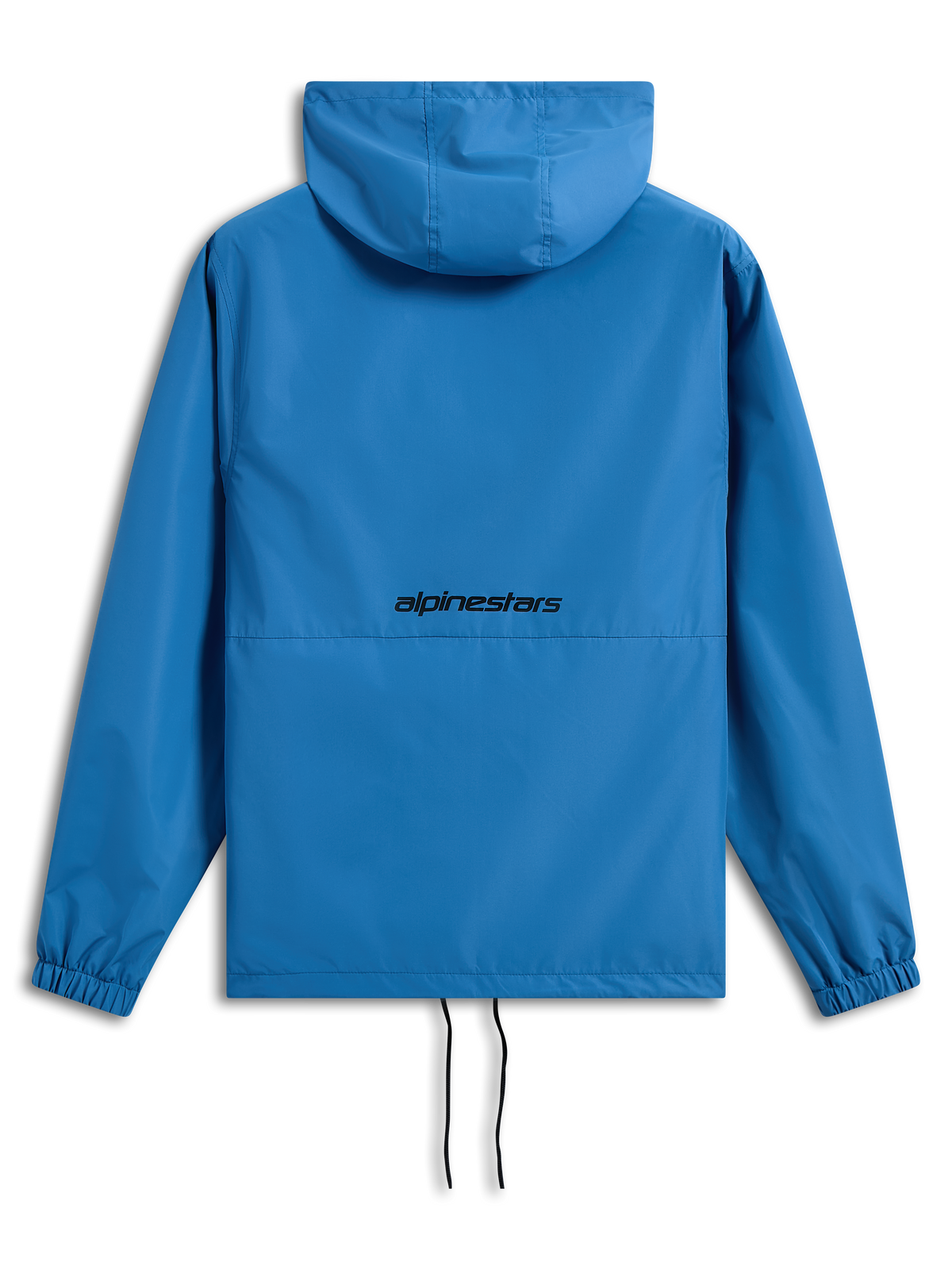 Alpinestars Speeder Chromium Windbreaker-Jacke, leuchtendes Blau, Rückansicht mit schwarzem Alpinestars-Schriftzug, leichte Windjacke mit Kapuze, elastische Bündchen, verstellbarer Saum mit Kordelzug, lässige vom Motorsport inspirierte Oberbekleidung
