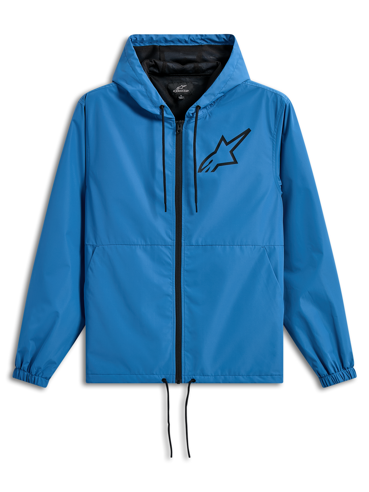 Alpinestars Speeder Chromium Windbreaker-Jacke, leichte Kapuzen-Windjacke, Blau mit schwarzen Akzenten, schwarzes Astars-Logo auf der Brust, Mesh-Futter, Frontreißverschluss, verstellbare Kordelzüge an Kapuze und Saum