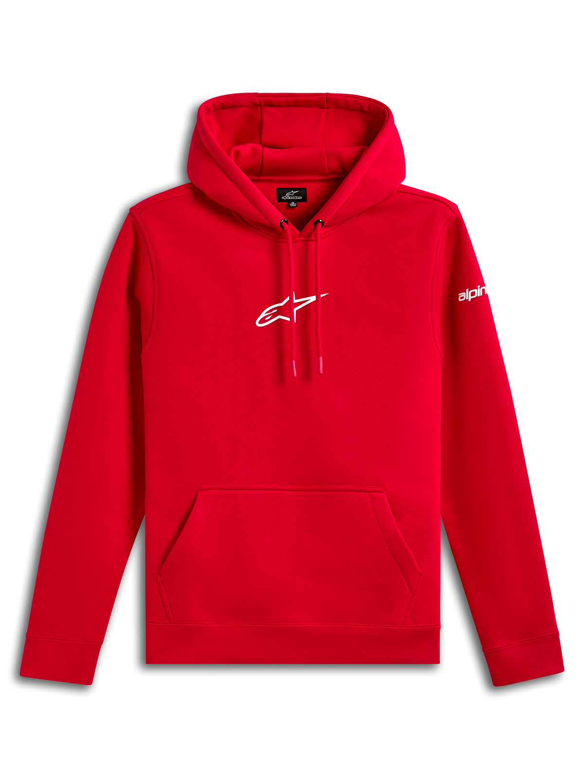 Alpinestars Frontal Hoodie, pullover fleece hoodie, rood, wit Alpinestars Astar-logo op de borst en woordmerk op de mouw, kangoeroezak aan de voorzijde, casual door motorsport geïnspireerde streetwear