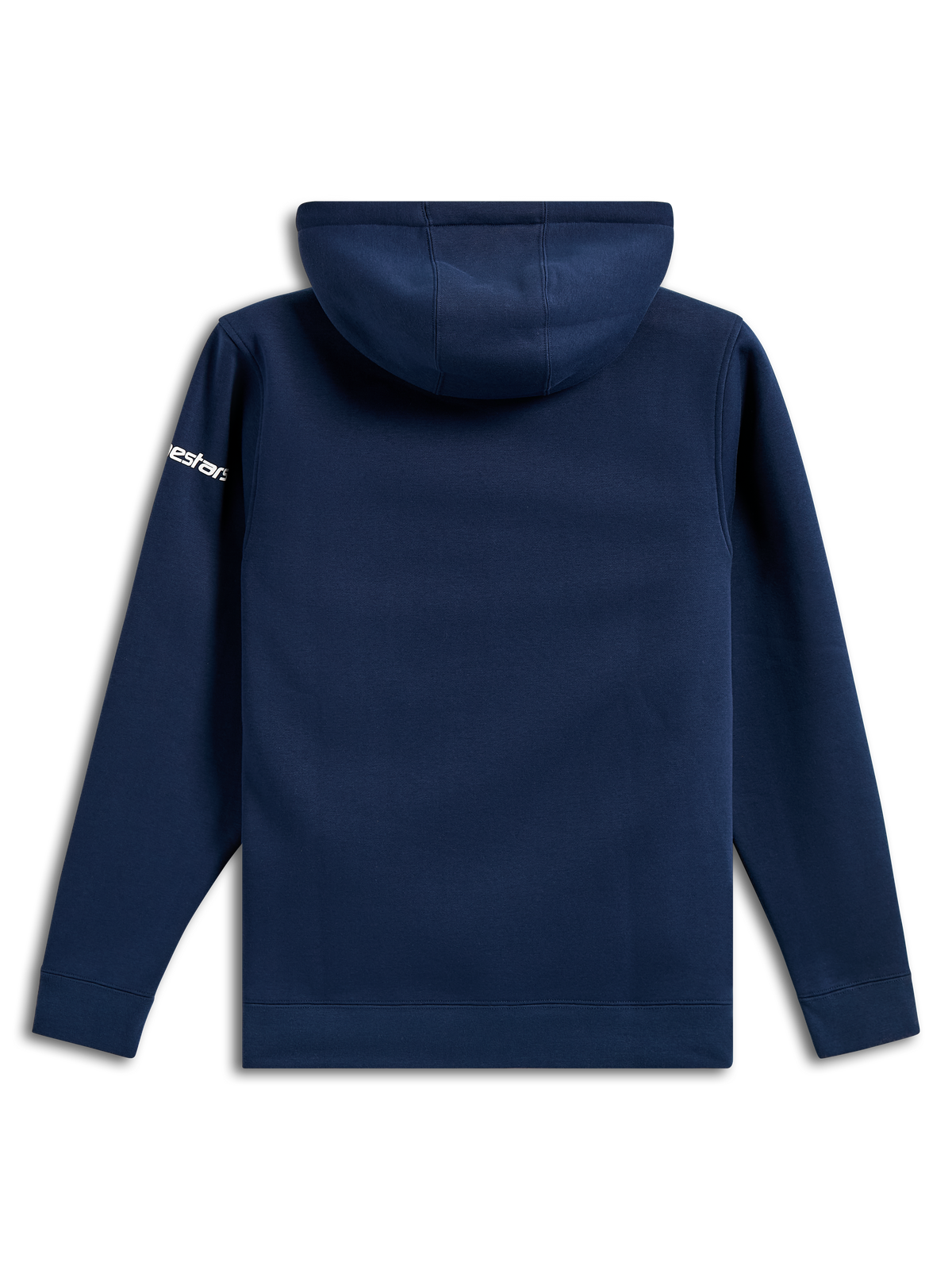 Sweat à capuche Frontal Alpinestars, pullover décontracté en polaire bleu marine, vue de dos, logo Alpinestars blanc sur la manche, poignets et ourlet côtelés, streetwear inspiré du sport automobile