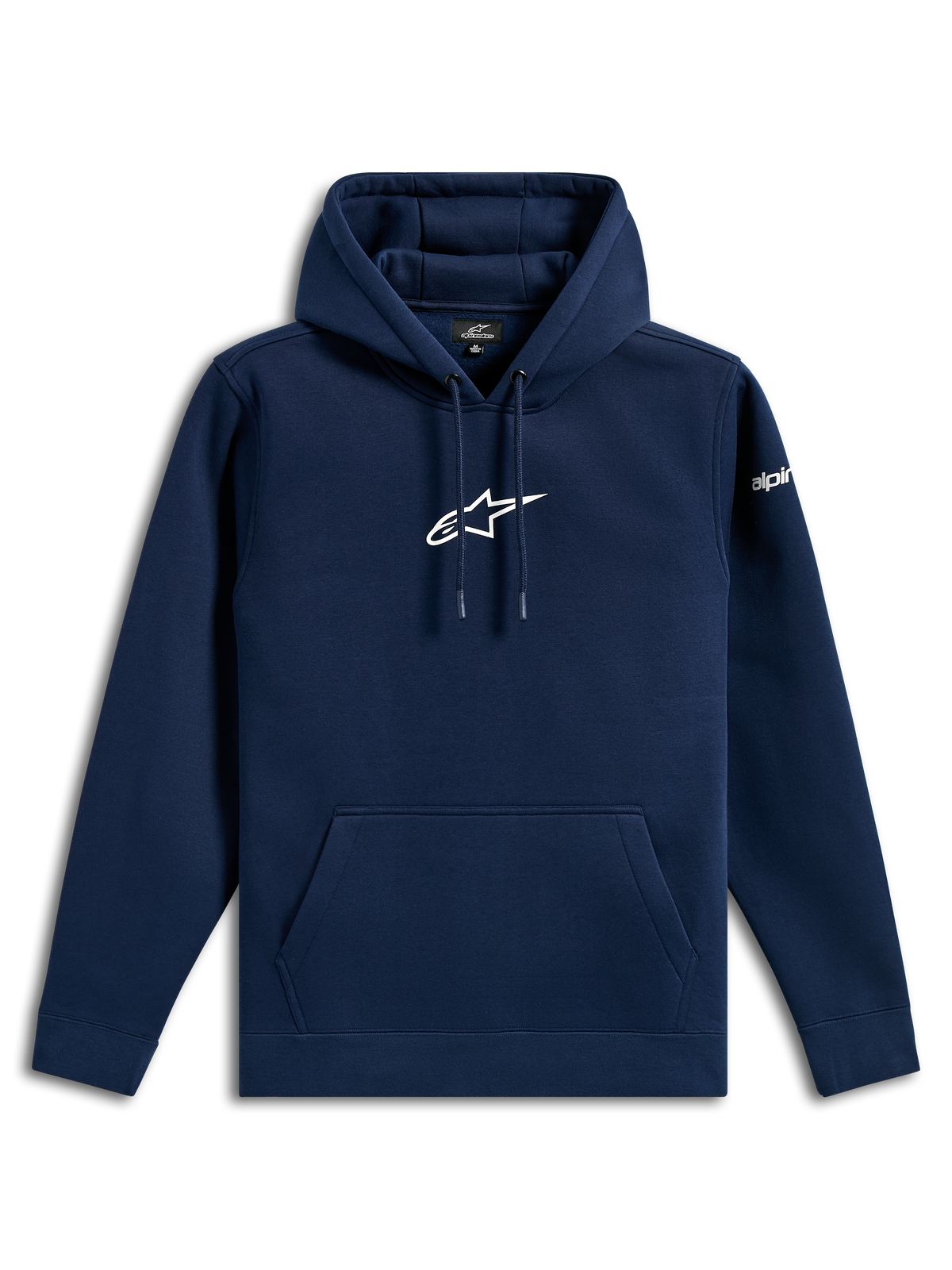 Sweat à capuche Alpinestars Frontal, style streetwear décontracté, bleu marine avec logo Astars blanc sur la poitrine et lettrage sur la manche, capuche à cordon de serrage, poche kangourou, design moderne inspiré par les sports mécaniques
