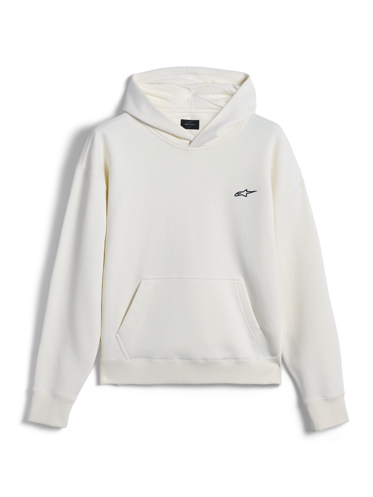 Alpinestars Essentials Ageless Hoodie, casual streetwear, off-white met klein zwart Astar-logo op de borst, kangoeroezak, lange mouwen, minimalistisch op motorsport geïnspireerd ontwerp