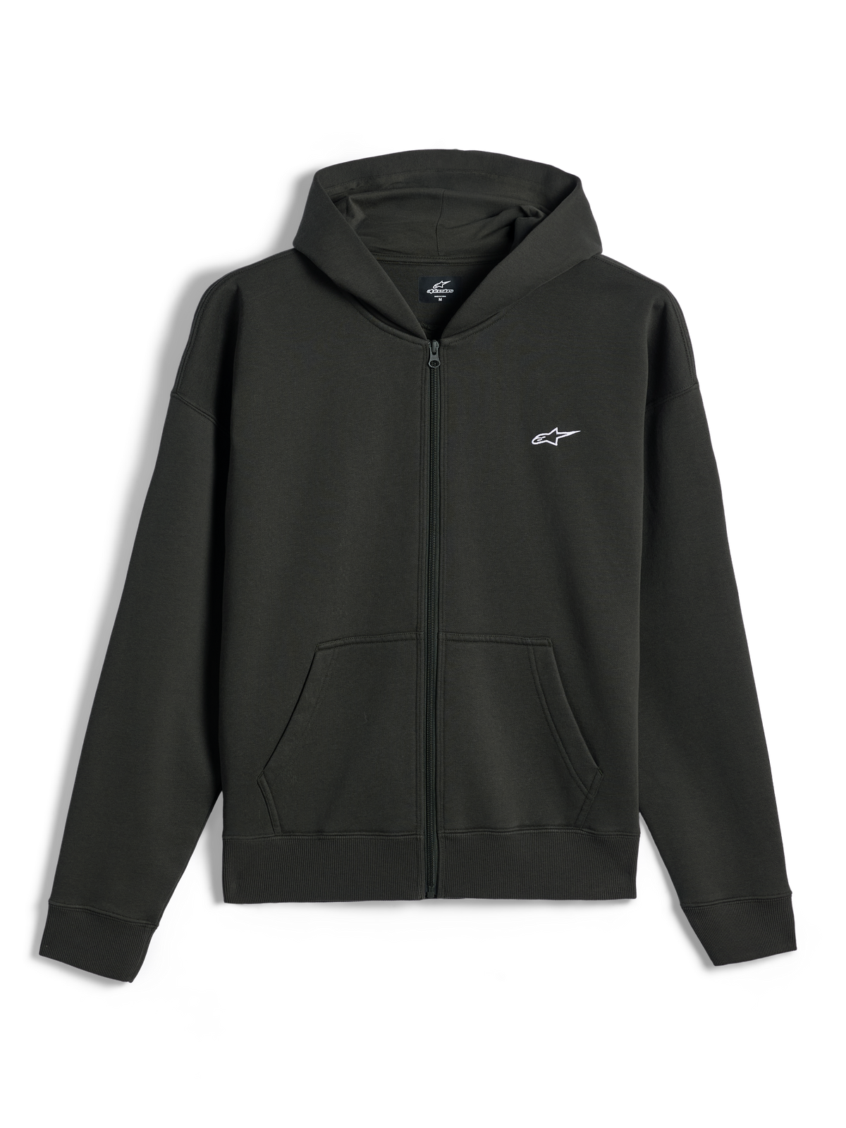 Sweat à capuche zippé Alpinestars Essentials Ageless, sweat en polaire entièrement zippé, Off Black, petit logo Alpinestars blanc sur la poitrine gauche, style streetwear décontracté, avec poches avant et poignets côtelés