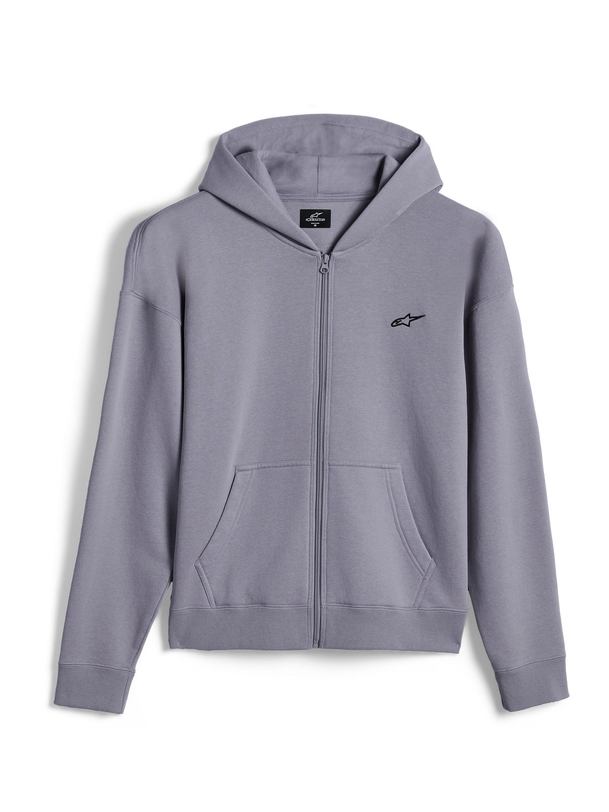 Sweat à capuche zippé Alpinestars Essentials Ageless, streetwear décontracté, argent, petit logo Alpinestars noir sur la poitrine, fermeture éclair intégrale avec poches kangourou, poignets et ourlet côtelés, design minimaliste inspiré des sports mécaniques