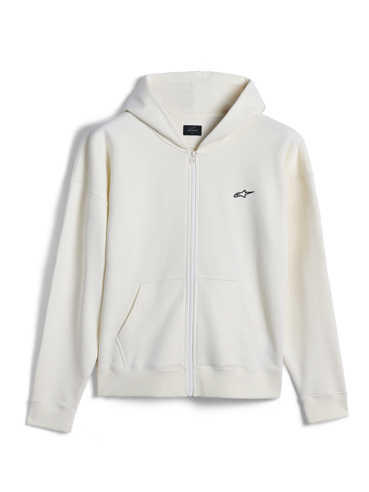 Sweat à capuche zippé Alpinestars Essentials Ageless, streetwear décontracté, blanc cassé avec petit logo Alpinestars noir, fermeture éclair intégrale, poche kangourou fendue, coupe décontractée, conception en polaire compacte premium