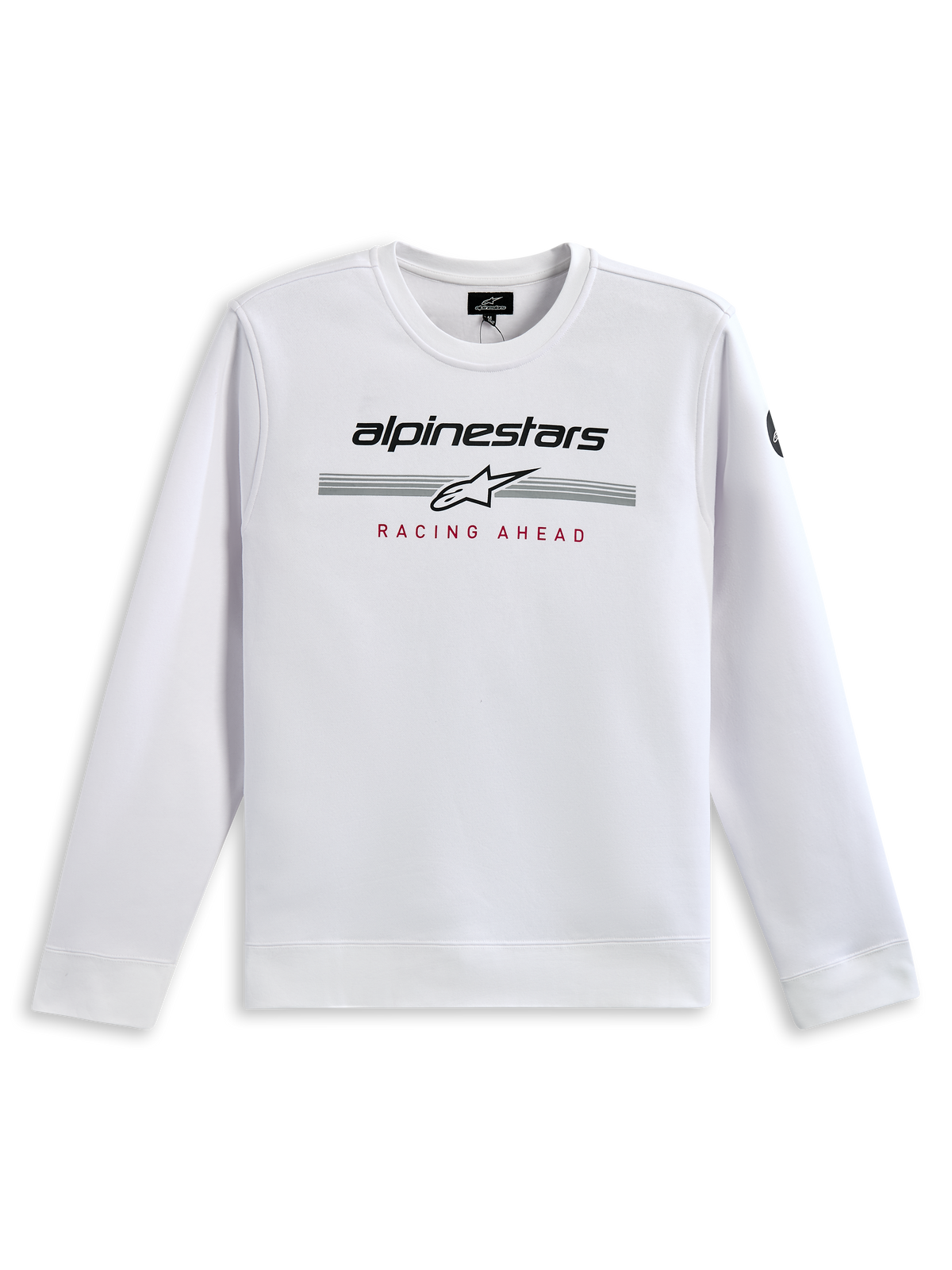 Sweatshirt Alpinestars Bettern Crew, blanc, avec marquage Alpinestars noir, bandes de course grises et logo étoile blanc, imprimé 'RACING AHEAD' rouge, streetwear décontracté inspiré du sport automobile