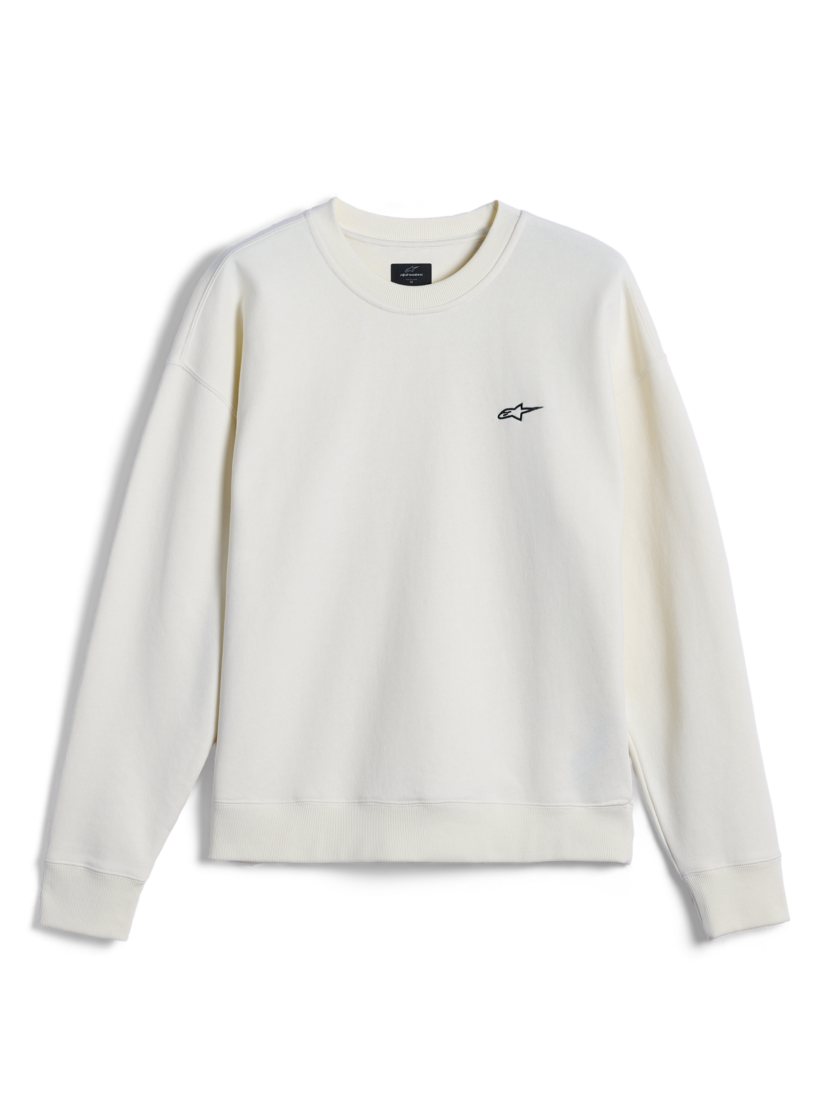 Alpinestars Essentials Ageless Crew, crewneck sweatshirt, Off White, klein zwart Alpinestars-logo op de borst, geribbelde kraag, manchetten en zoom, casual motorsport-geïnspireerde streetwear