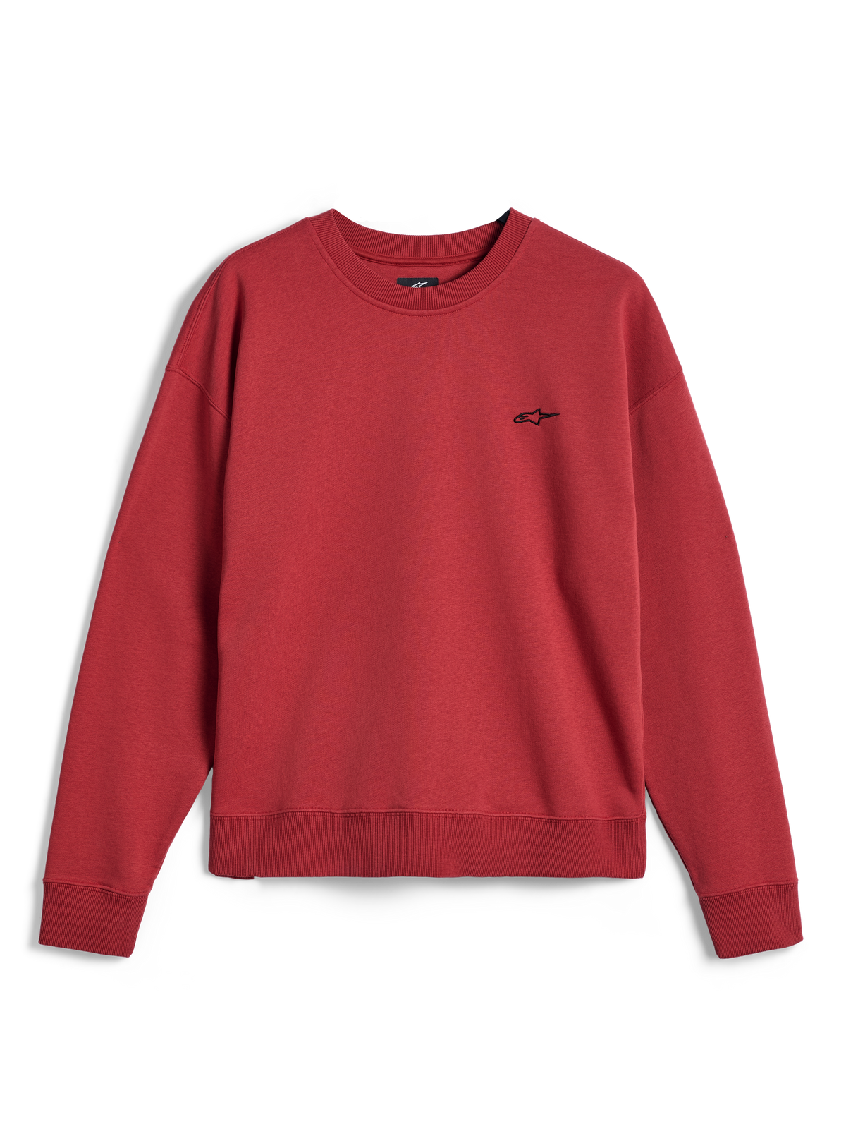 Alpinestars Essentials Ageless Crew, sweat-shirt à col rond rouge brique, avec un petit logo Alpinestars noir sur la poitrine, col, poignets et ourlet côtelés, polaire sportswear premium décontractée.
