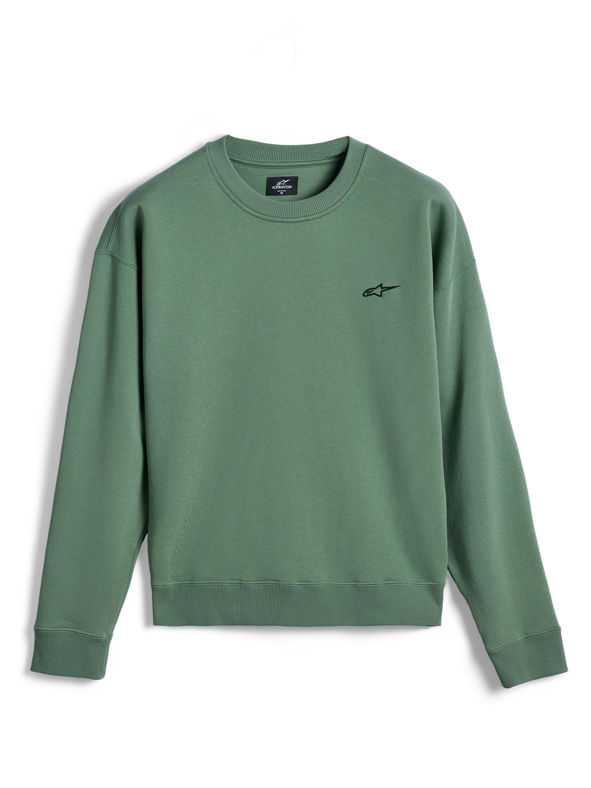 Alpinestars Essentials Ageless Crew, sweat-shirt à col rond, vert cactus, petit logo Astar noir sur la poitrine, col, poignets et ourlet côtelés, molleton de qualité supérieure, vêtements de sport décontractés hors-vélo