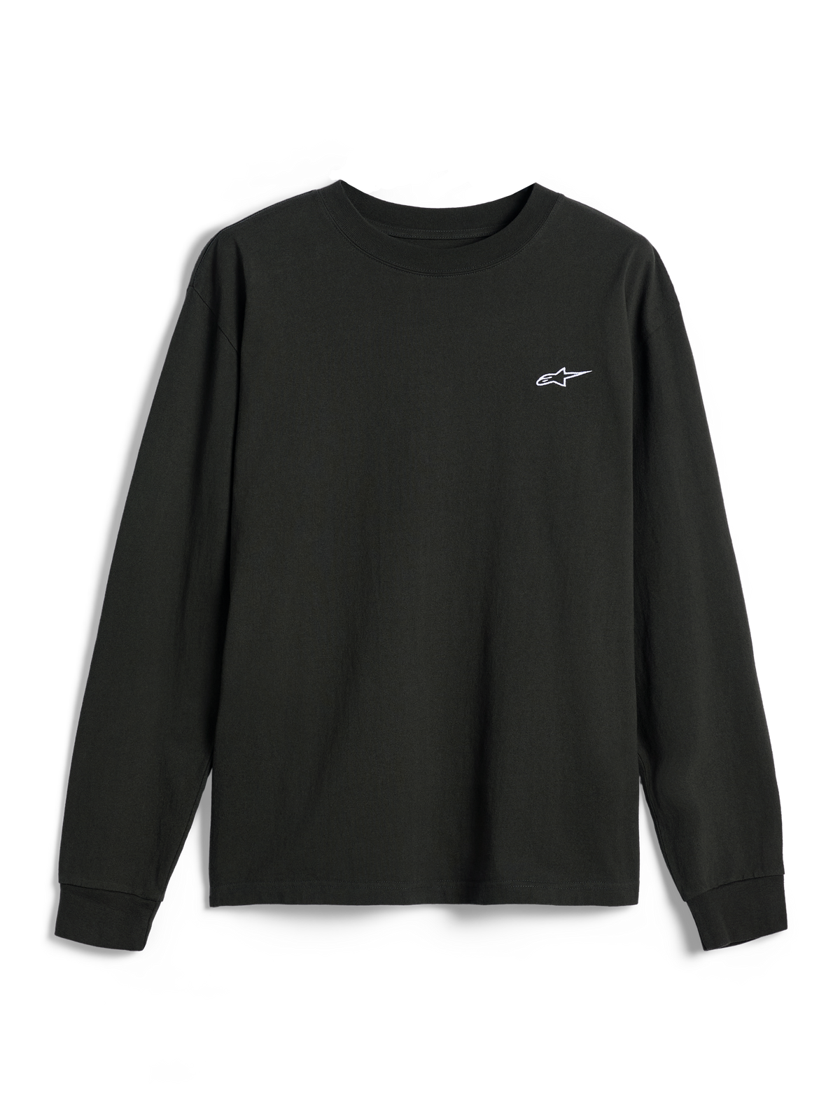 Alpinestars Essentials Ageless LS Tee, T-shirt met lange mouwen, Off Black, klein wit Alpinestars-logo op de borst, ronde hals, ontspannen pasvorm, casual lifestyle streetwear