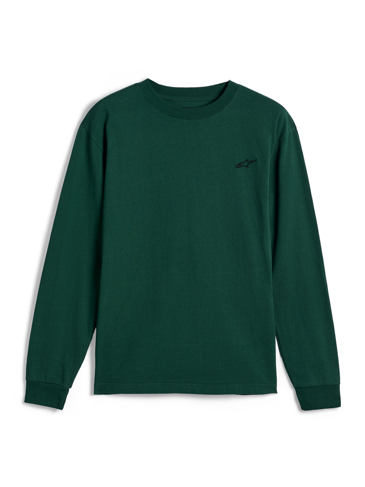 Alpinestars Essentials Ageless LS Tee, t-shirt à manches longues, vert sapin, petit logo noir brodé sur la poitrine, style streetwear motorsport décontracté