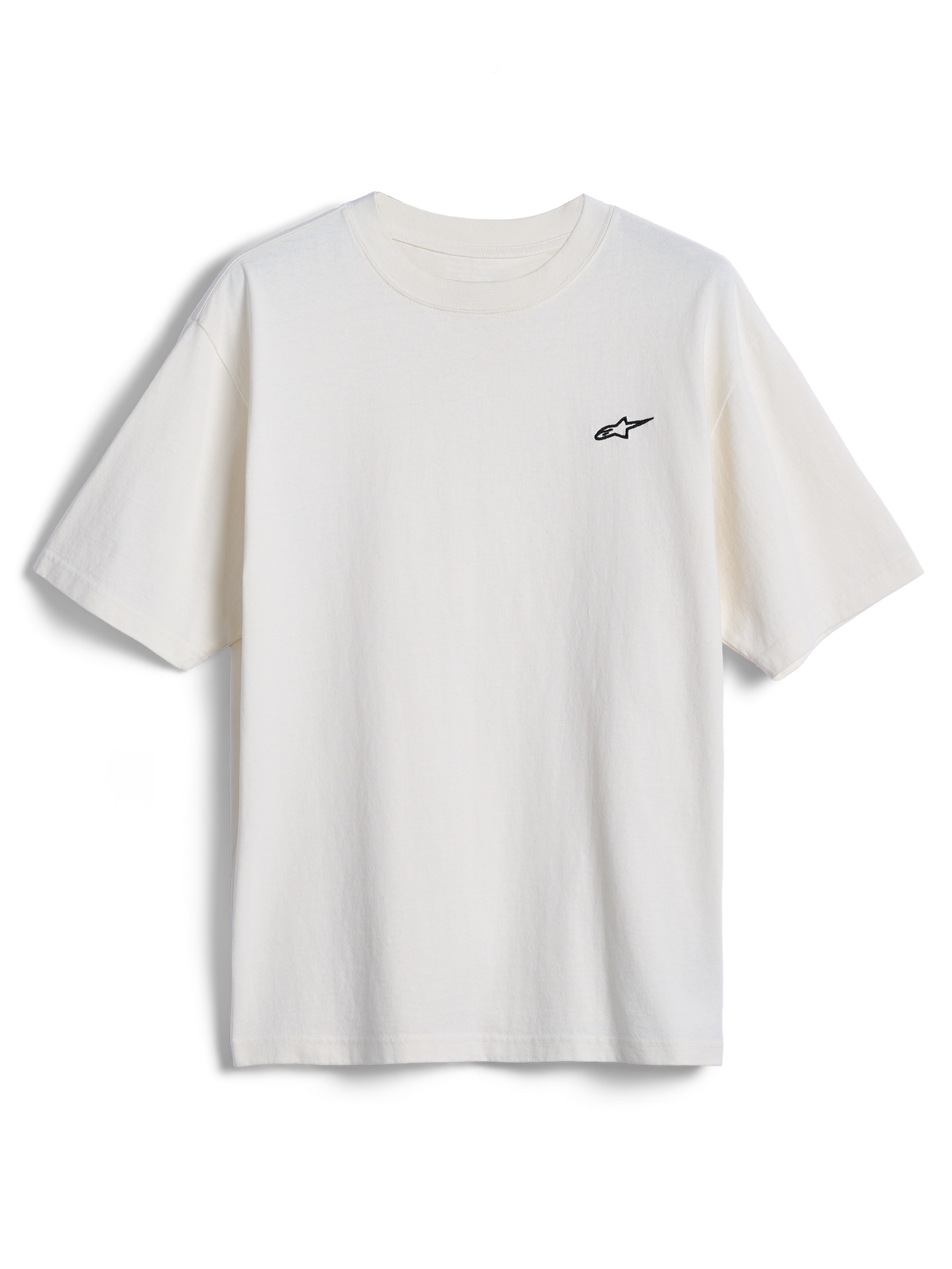 Alpinestars Essentials Ageless SS Tee, t-shirt à manches courtes, blanc cassé, petit logo étoile Alpinestars noir sur la poitrine, streetwear décontracté inspiré des sports mécaniques