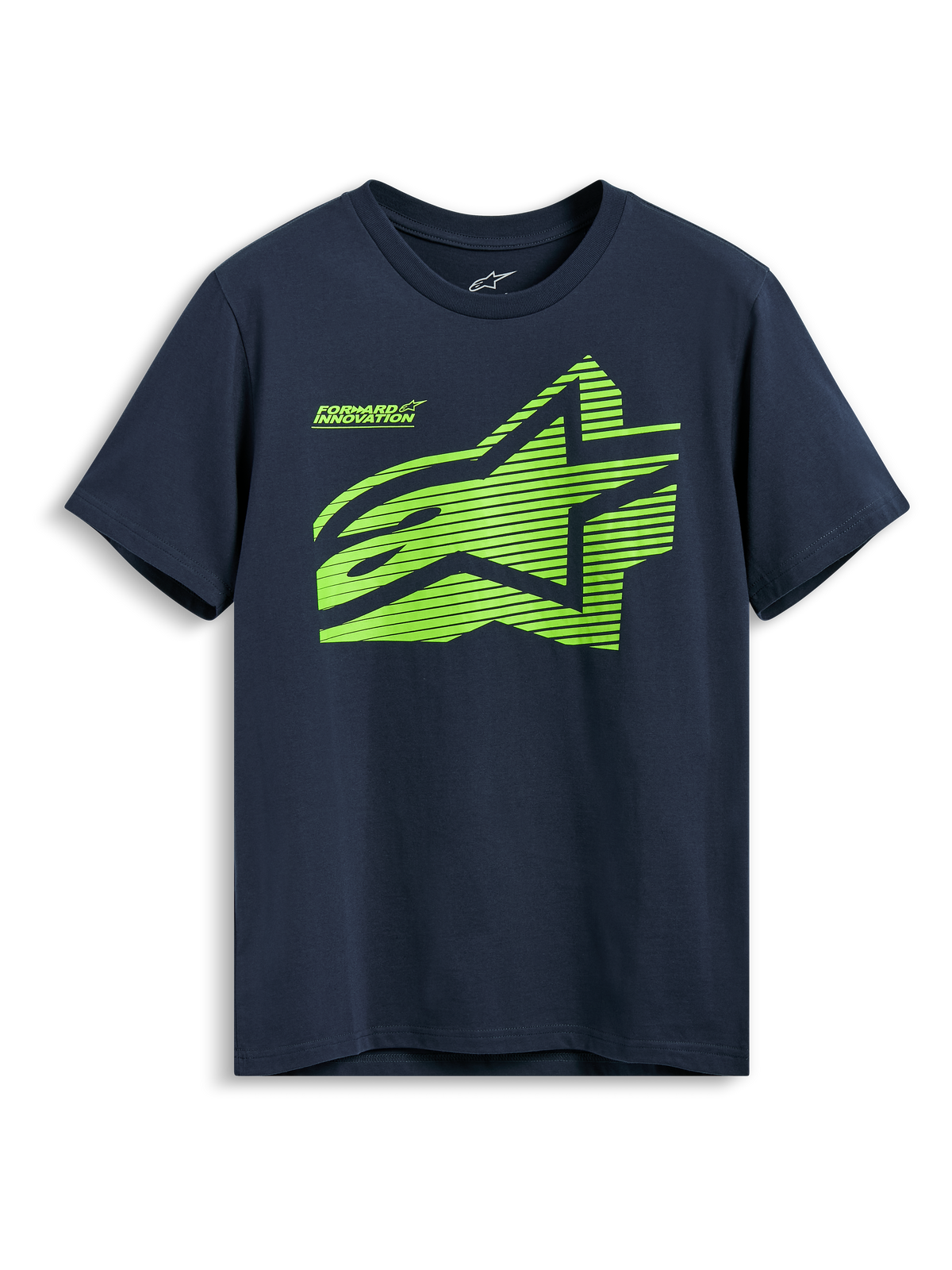 Alpinestars Fasting CSF T-Shirt, Kurzarm-T-Shirt, Marineblau, geometrisches Astars-Logo in Lime-Grün mit „Forward Innovation“-Schriftzug, legere Sportbekleidung