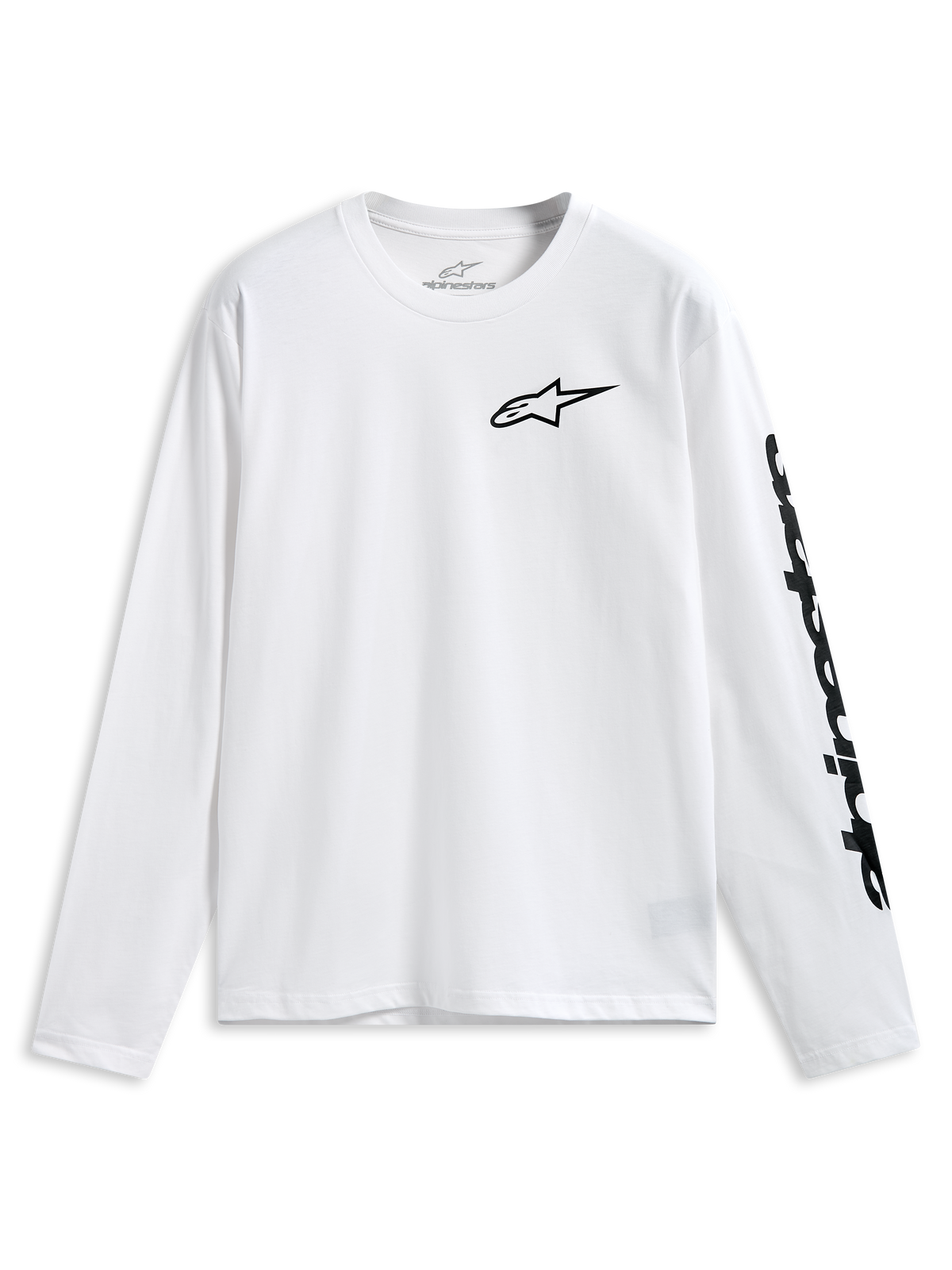 Alpinestars Trackside CSF Tee, Langarm-T-Shirt, Weiß, schwarzes Alpinestars-Logo auf der Brust und Wortmarke auf dem Ärmel, lässige Motorsport-Sportbekleidung