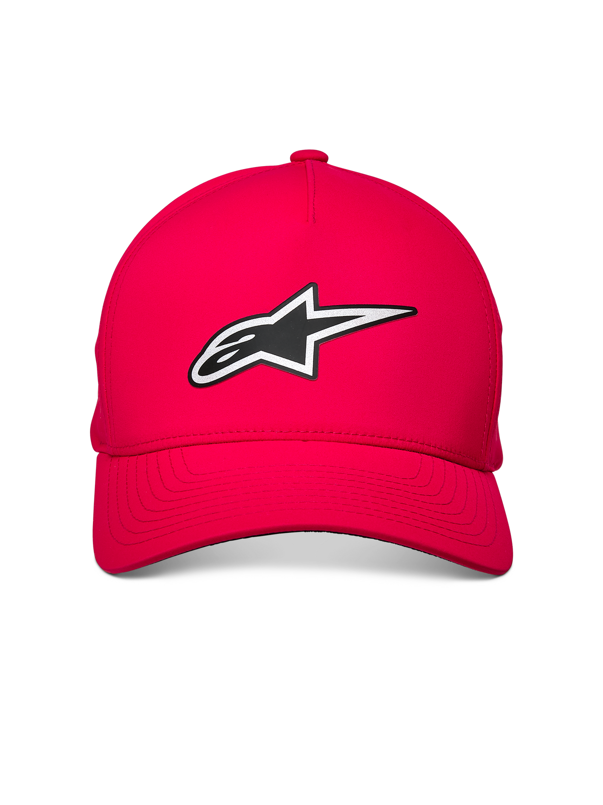 Alpinestars Ageless Reflex Waterproof pet, rood, met een reflecterend Astars-logo op de voorkant, gebogen klep en gestructureerde kroon, waterbestendige technische stof voor een casual motorsportstijl