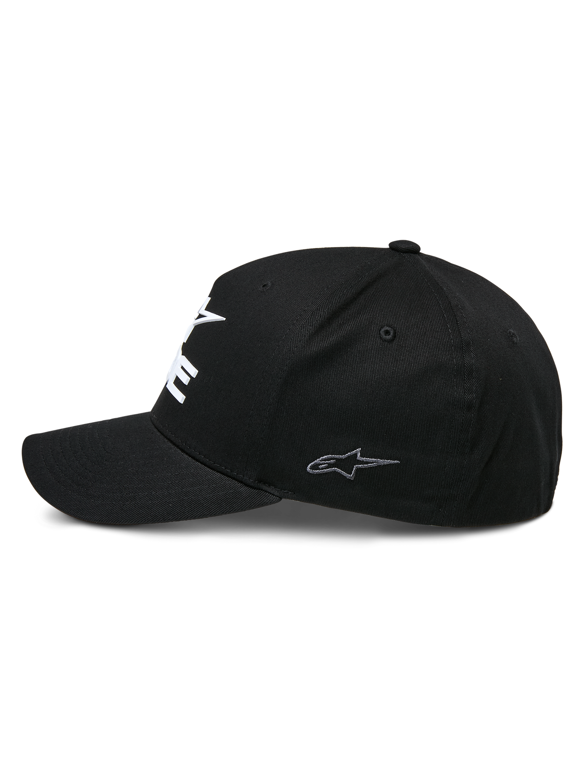 Casquette Alpinestars Ride Sonic, casquette de baseball structurée, noire, vue de profil avec visière incurvée et petit logo étoile brodé gris sur le panneau latéral, tissu en sergé extensible, couvre-chef décontracté de sport automobile
