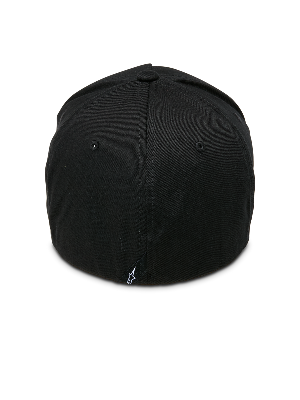 Casquette Alpinestars Ride Sonic, noir et blanc, vue arrière avec couronne structurée et construction à dos flexible, petite étiquette avec logo étoile blanc, couvre-chef décontracté inspiré des sports mécaniques