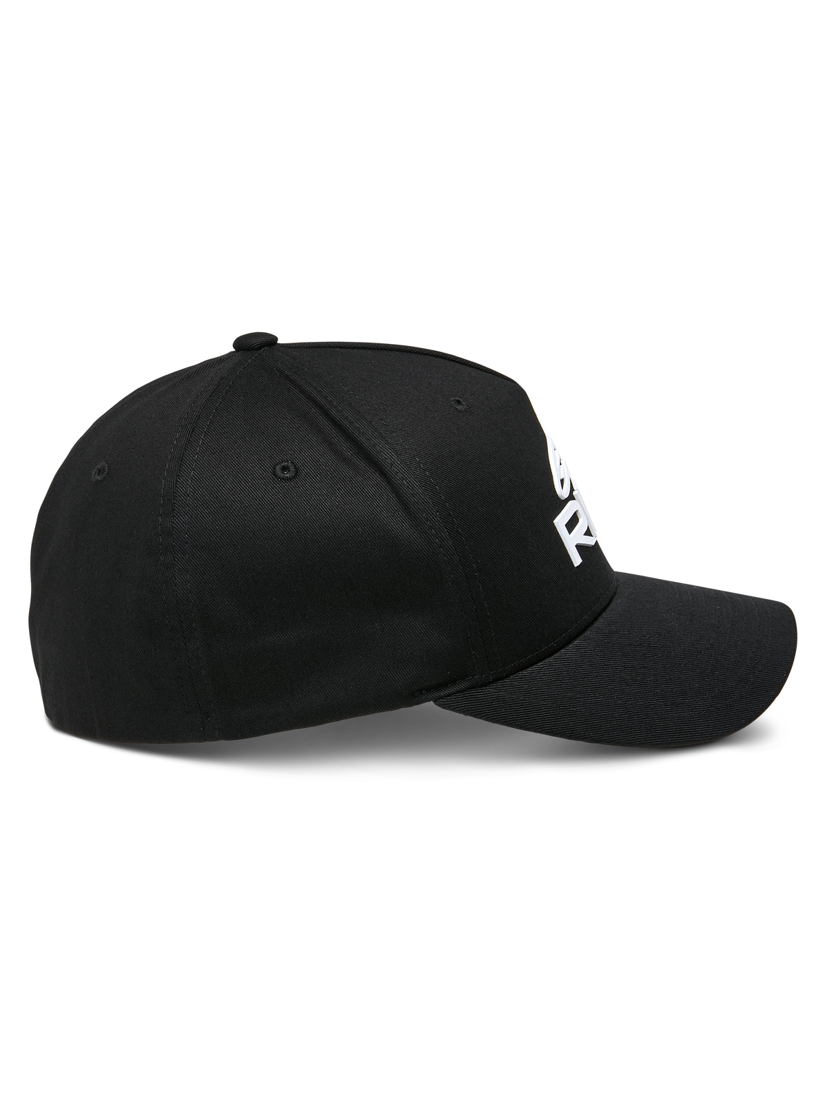 Casquette Alpinestars Ride Sonic, vue de profil, noire avec logo brodé en 3D blanc, visière incurvée, couronne structurée, tissu en sergé extensible, accessoire lifestyle motorsport