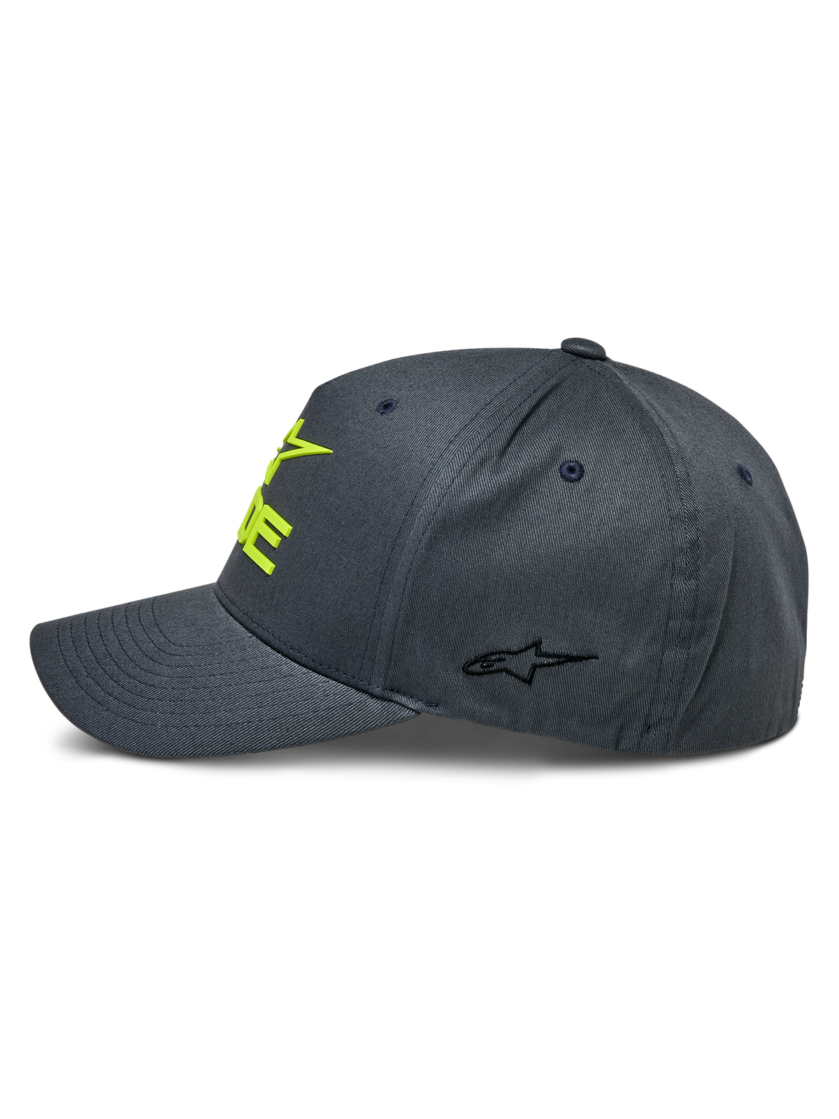 Alpinestars Ride Sonic Cap, Anthrazit und Neongelb, Seitenprofil mit gebogenem Schirm und strukturierter Krone, gelbes 3D-Sticklogo auf der Vorderseite und kleines schwarzes Stern-Logo am Seitenpanel, lässige Motorsport-Kopfbedeckung
