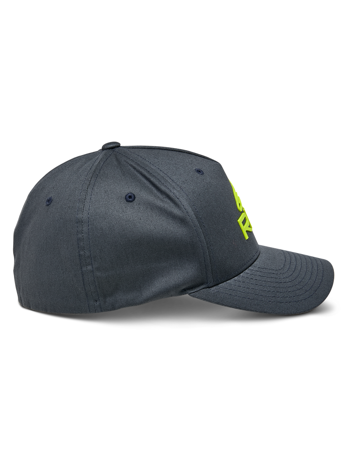Alpinestars Ride Sonic Mütze, Seitenansicht, Anthrazit mit neongelbem 3D-Sticklogo, gebogener Schirm und strukturierte Krone, lässige Motorsport-Kopfbedeckung aus Stretch-Twill