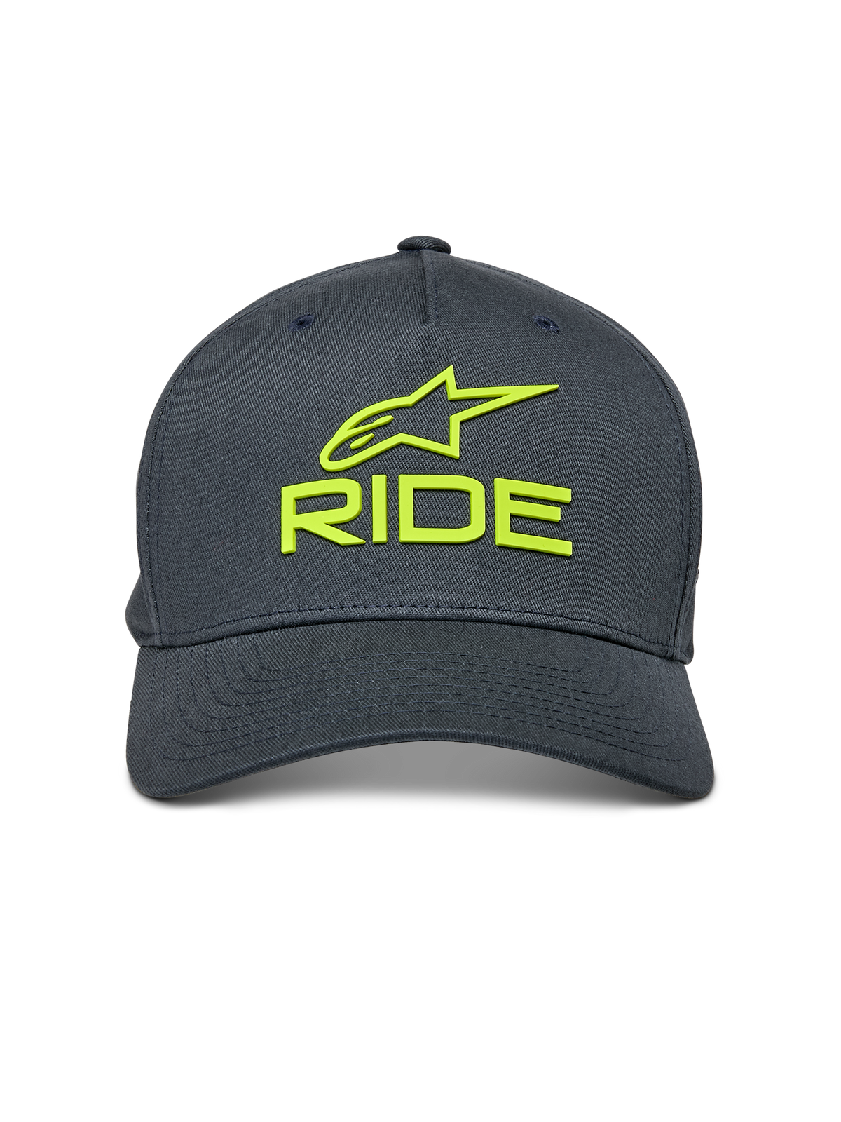 Alpinestars Ride Sonic Mütze, Anthrazitgrau mit Hi-Vis Gelb, 3D-gesticktes Alpinestars-Logo und RIDE-Schriftzug, gebogener Schirm, strukturierte Krone, lässige, vom Motorsport inspirierte Kopfbedeckung