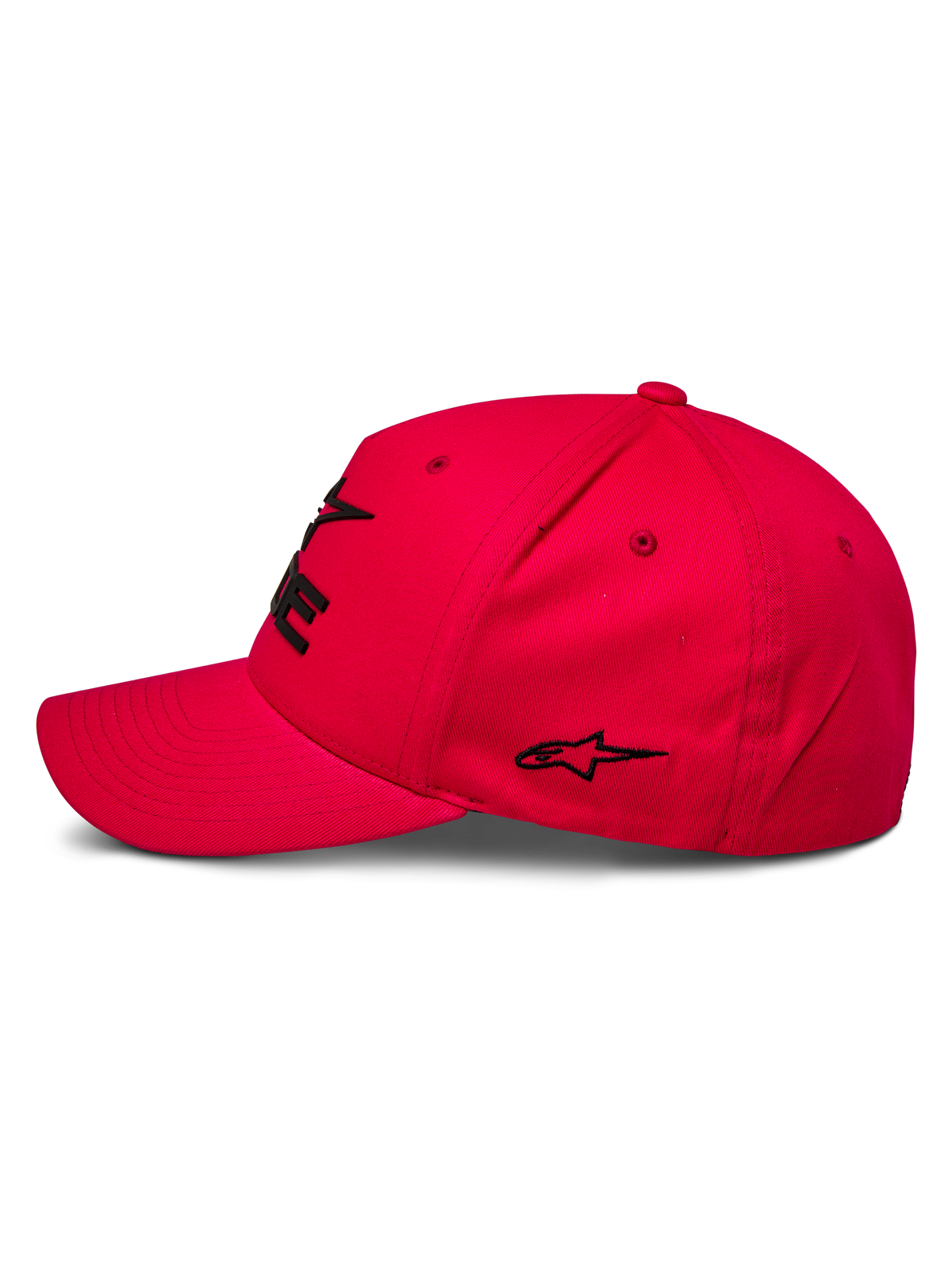 Alpinestars Ride Sonic Mütze, Sportswear-Cap, Rot, Profilansicht mit gebogenem Schirm und strukturierter Krone, schwarzes 3D-Sticklogo und Sterndetail, lässiges, vom Motorsport inspiriertes Design