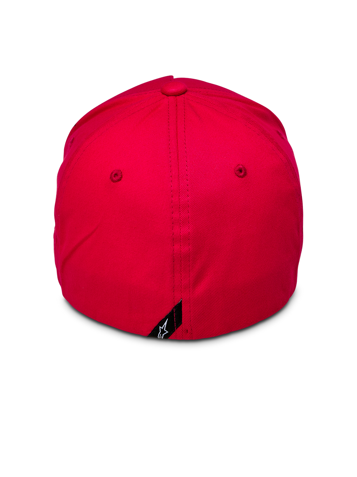 Alpinestars Ride Sonic Kappe, Rückansicht einer roten Baseballkappe, strukturierte Krone mit Flex-Rückseite, kleines schwarzes Etikett mit weißem Alpinestars-Sternlogo auf der Rückseite, lässige rote Kopfbedeckung aus Stretch-Twill