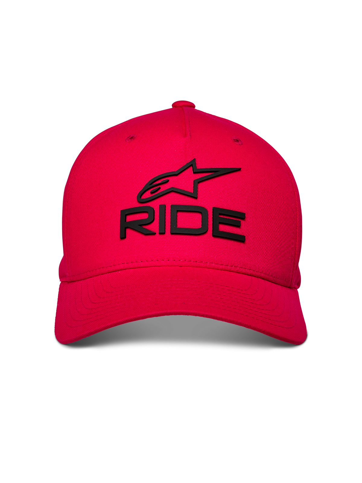 Alpinestars Ride Sonic Cap, Rote Baseballkappe, schwarzes gesticktes 3D-RIDE- und Stern-Logo, gebogener Schirm mit strukturierter Krone, lässige Motorsport-Kopfbedeckung
