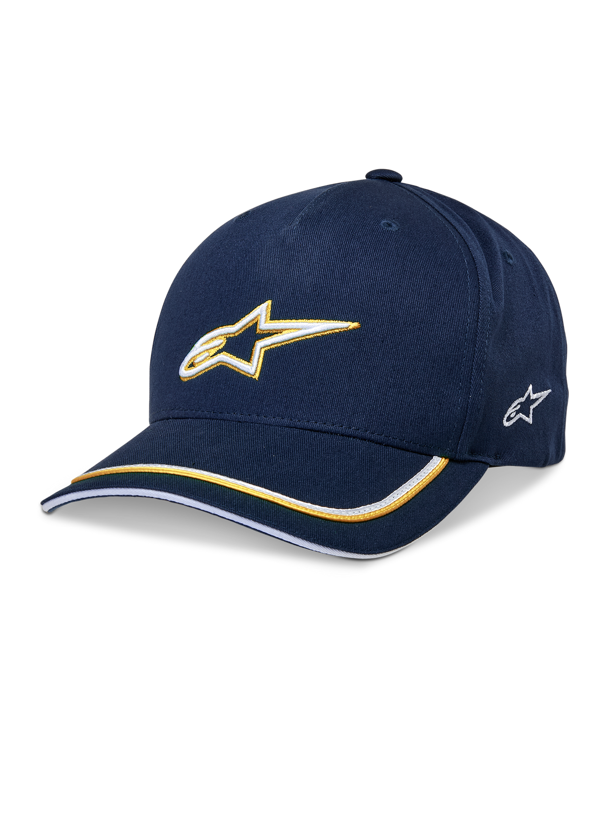 Alpinestars Ascension Snapback pet, baseballcap, donkerblauw en goud, 3D-geborduurd Astars-logo, gebogen klep met gele en witte strepen, casual motorsport-headwear
