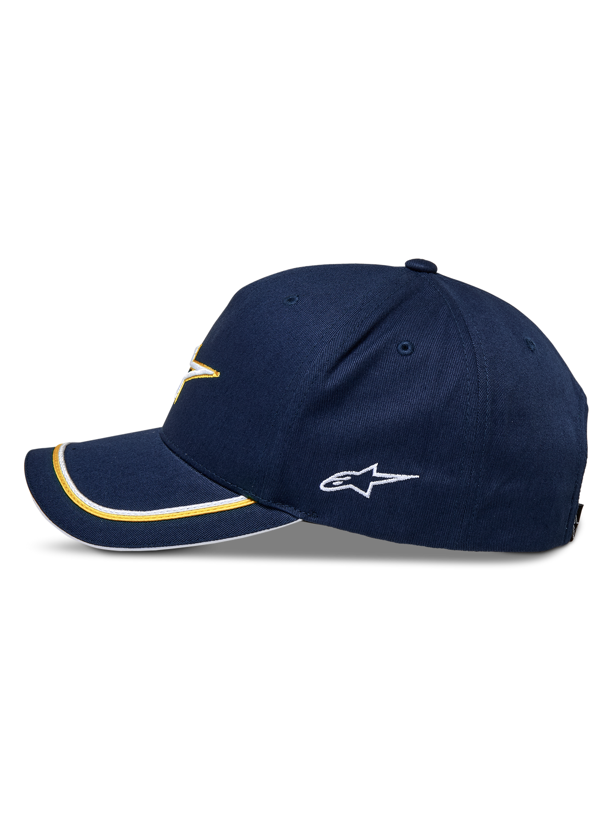 Alpinestars Ascension Snapback pet, marineblauw en goud, zijaanzicht met gebogen klep voorzien van goud en witte dubbele sutache-afwerking, geborduurd logo aan de zijkant, casual motorsport streetwear