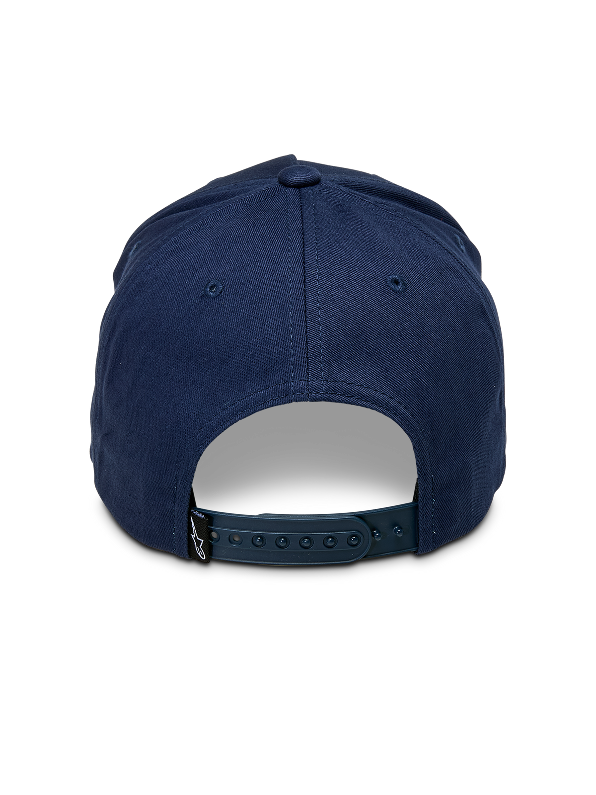 Alpinestars Ascension Snapback pet, marineblauw, achteraanzicht met verstelbare snapback-sluiting en gestructureerde kroon, klein zwart Astars-logolabel, casual motorsport streetwear
