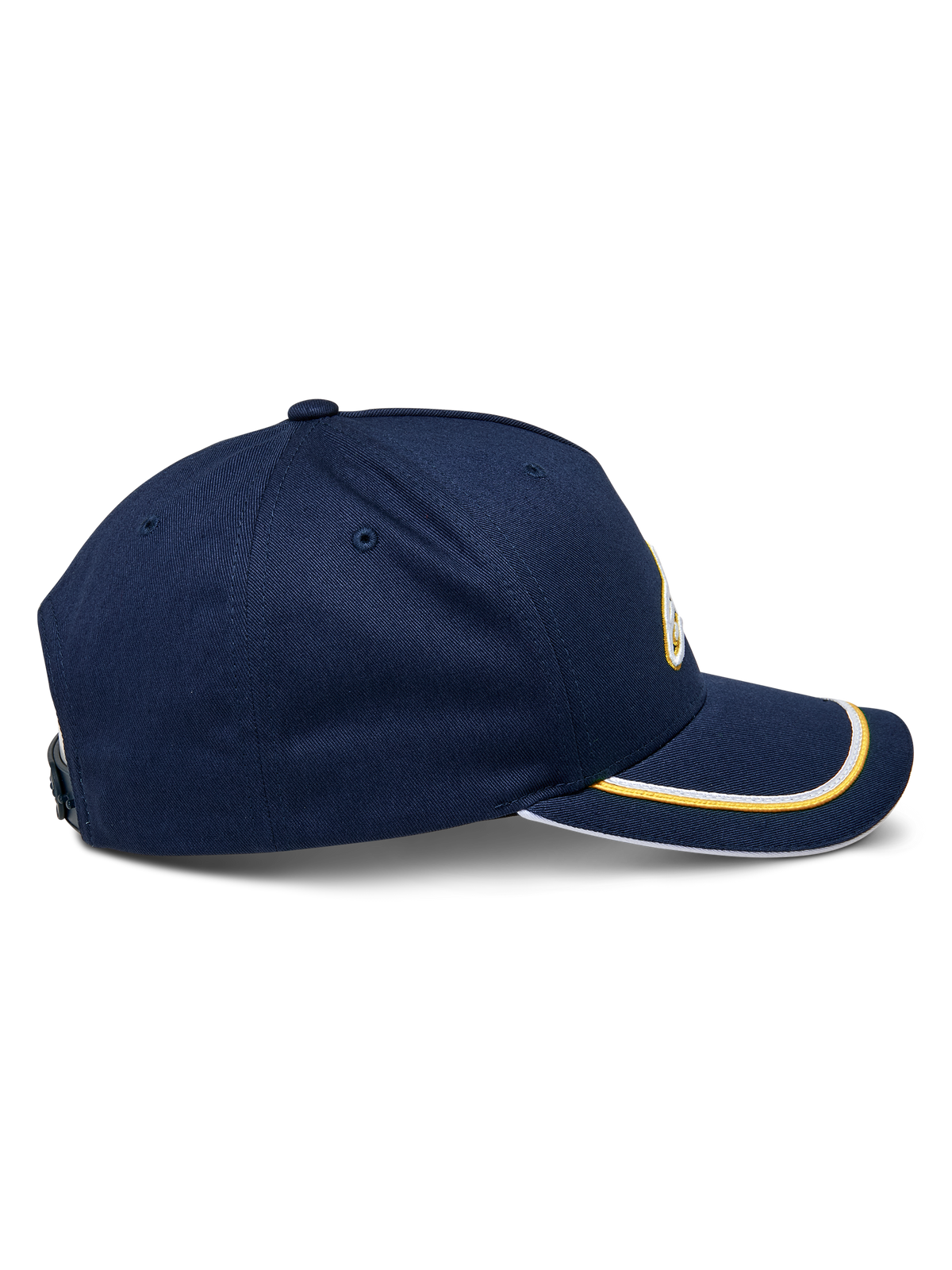 Alpinestars Ascension Snapback pet, zijaanzicht, marineblauw met goudkleurige en witte sutache-afwerking op de gebogen klep, gestructureerde kroon, casual motorsport hoofddeksel