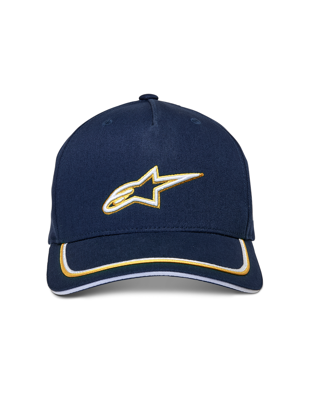 Alpinestars Ascension Snapback pet, marineblauw en goud, 3D-geborduurd wit en goud Astars-logo, gebogen klep met dubbele sutache-afwerking, casual motorsport-geïnspireerde hoofdbedekking