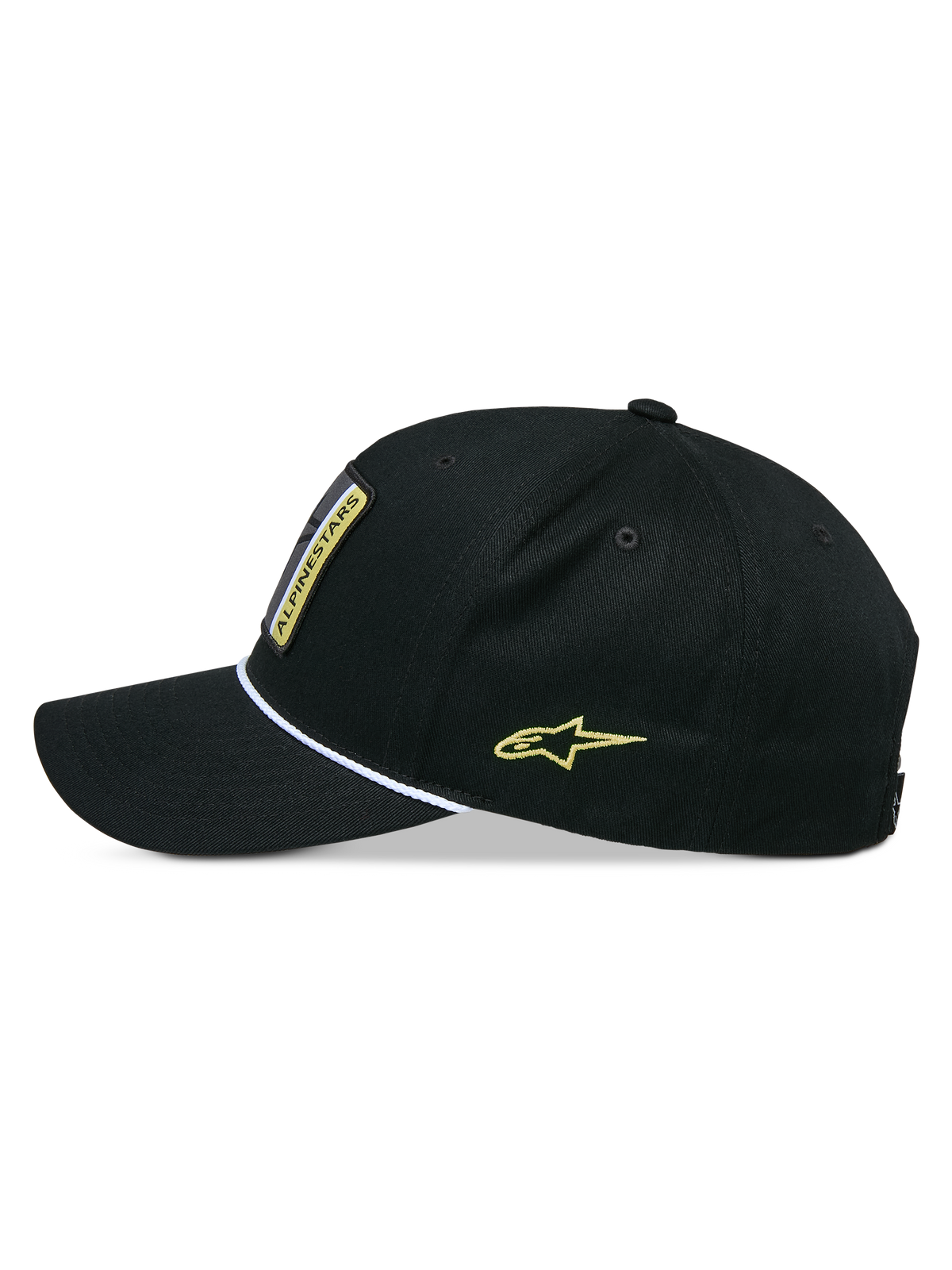 Casquette Snapback Specific Alpinestars, casquette snapback, noire, vue de profil avec visière courbée et garniture en corde tressée blanche, logo Astars jaune brodé sur le côté, couronne structurée, accessoire décontracté