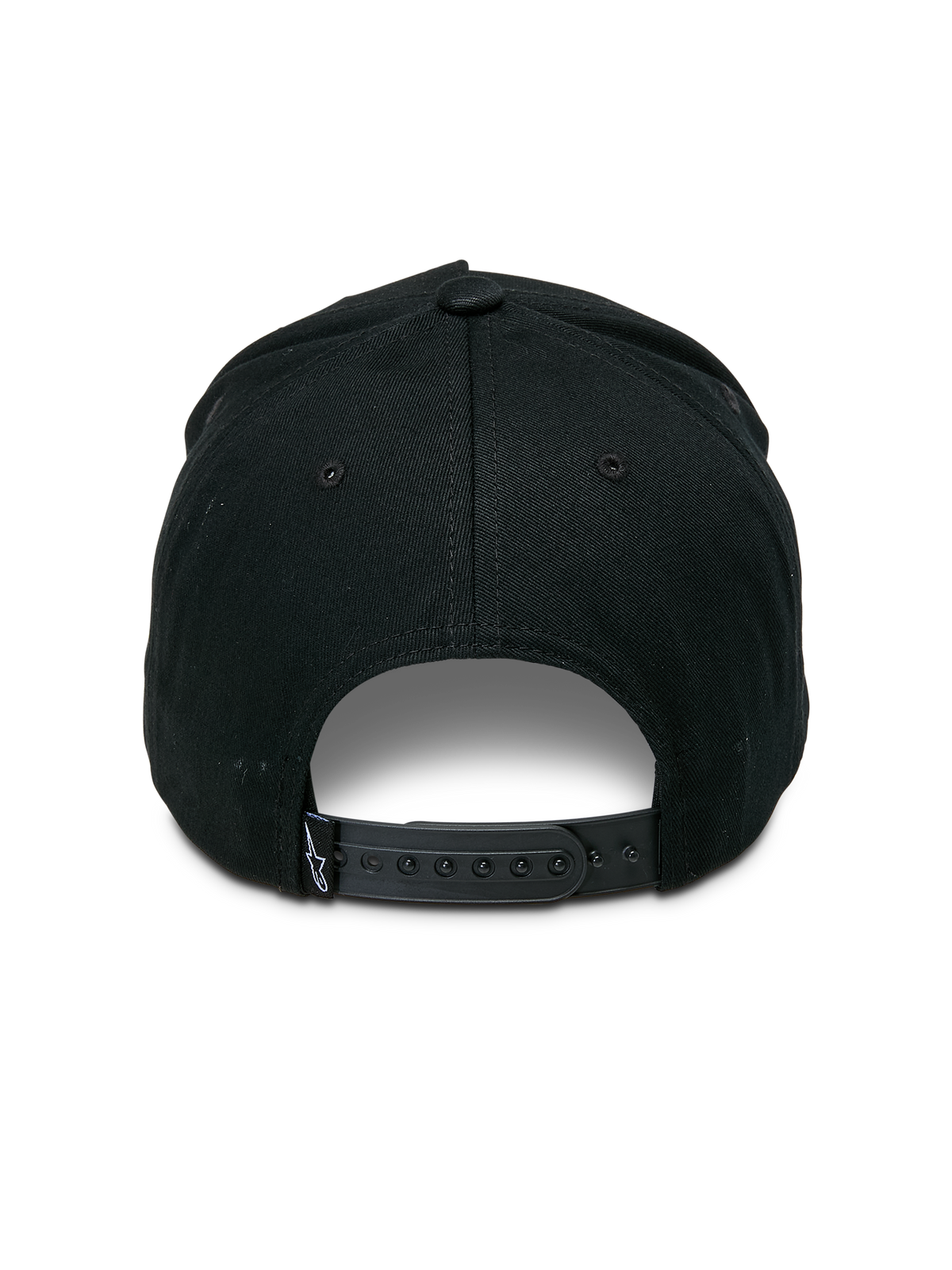 Casquette Snapback Specific Alpinestars, noire, vue arrière présentant une fermeture réglable par pression en plastique et un petit logo Astars blanc sur l'étiquette arrière, couronne structurée, accessoire motorsport décontracté