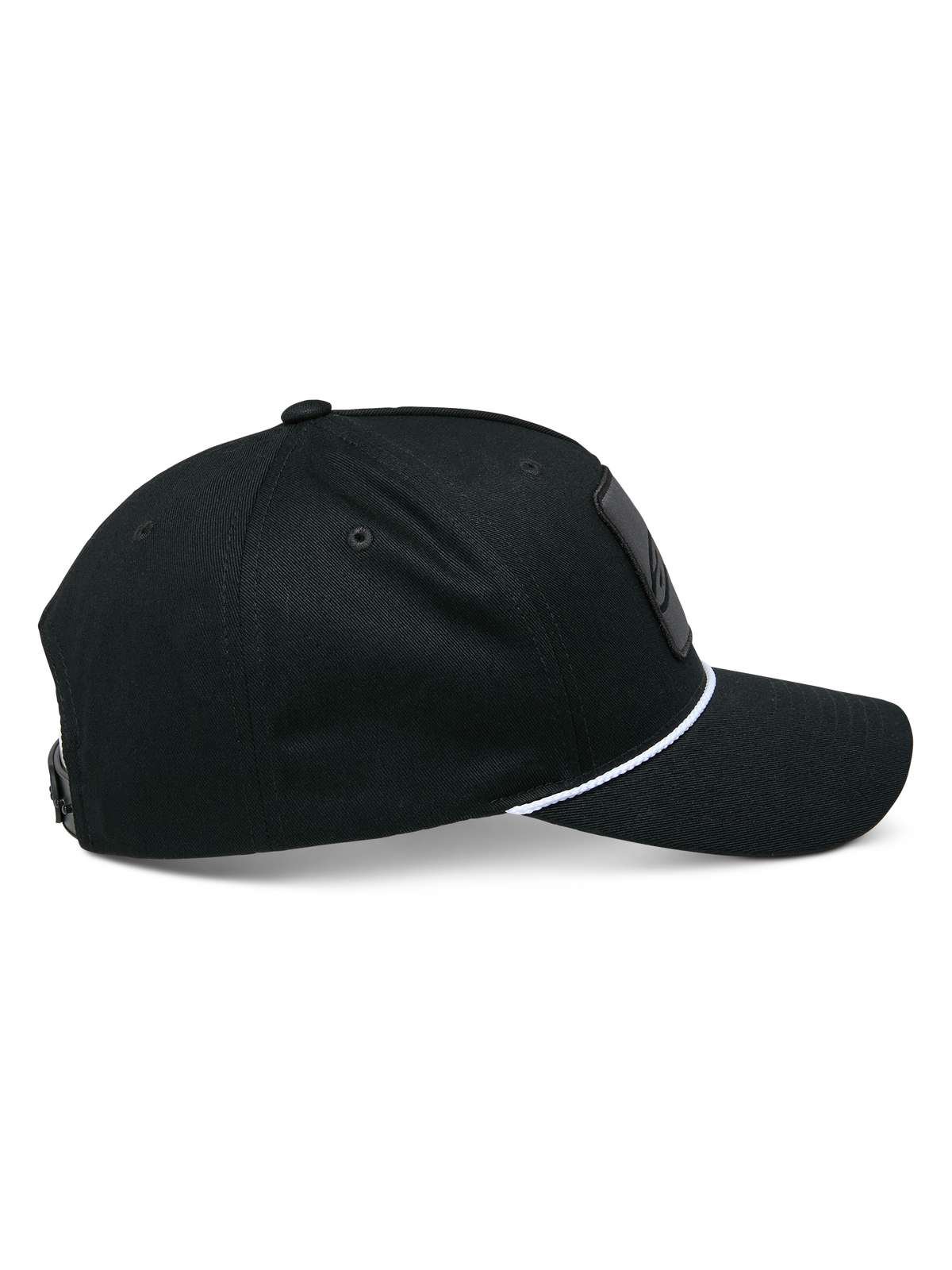 Casquette Snapback Alpinestars Specific, noir, vue de profil montrant une visière courbée avec garniture en corde tressée blanche, couronne structurée, casquette de sport mécanique décontractée