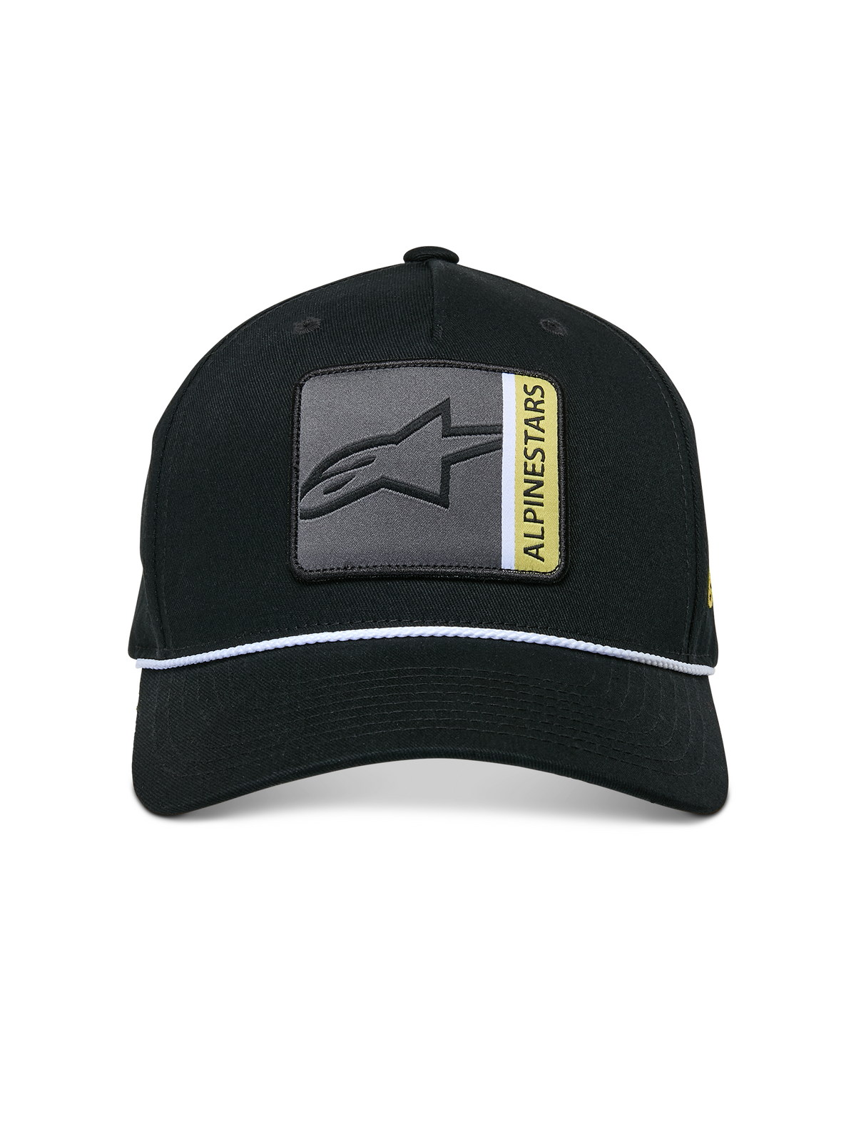 Casquette Snapback Specific Alpinestars, noire, écusson logo Astars multicolore à l'avant avec détails gris et jaunes, garniture en corde tressée blanche, visière courbée, couronne structurée, streetwear décontracté