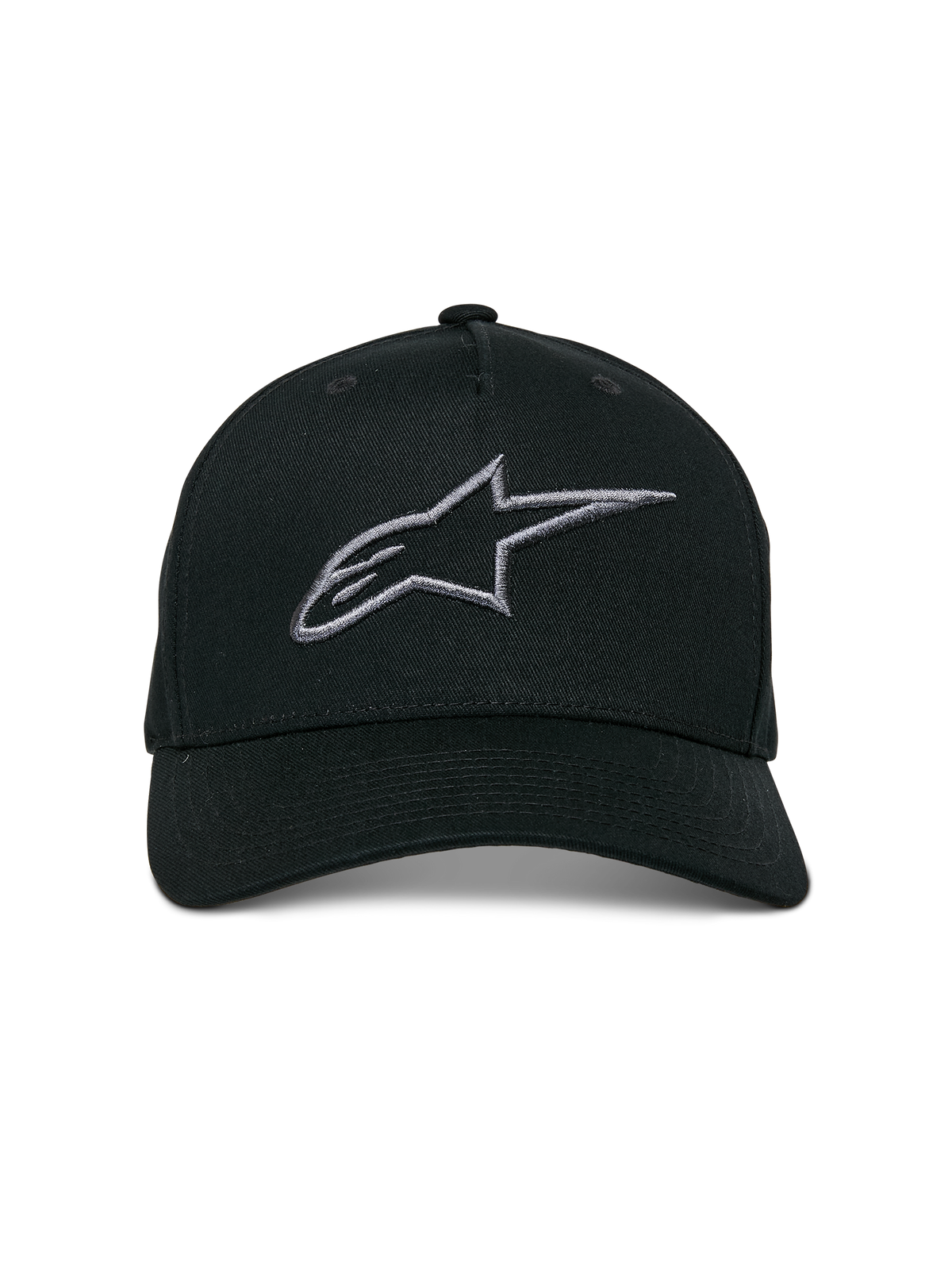 Alpinestars Ageless Snapback Hat, Black Charcoal, curved bill, structured crown, 3D embroidered linear logo, casual motorsport-inspired headwear
