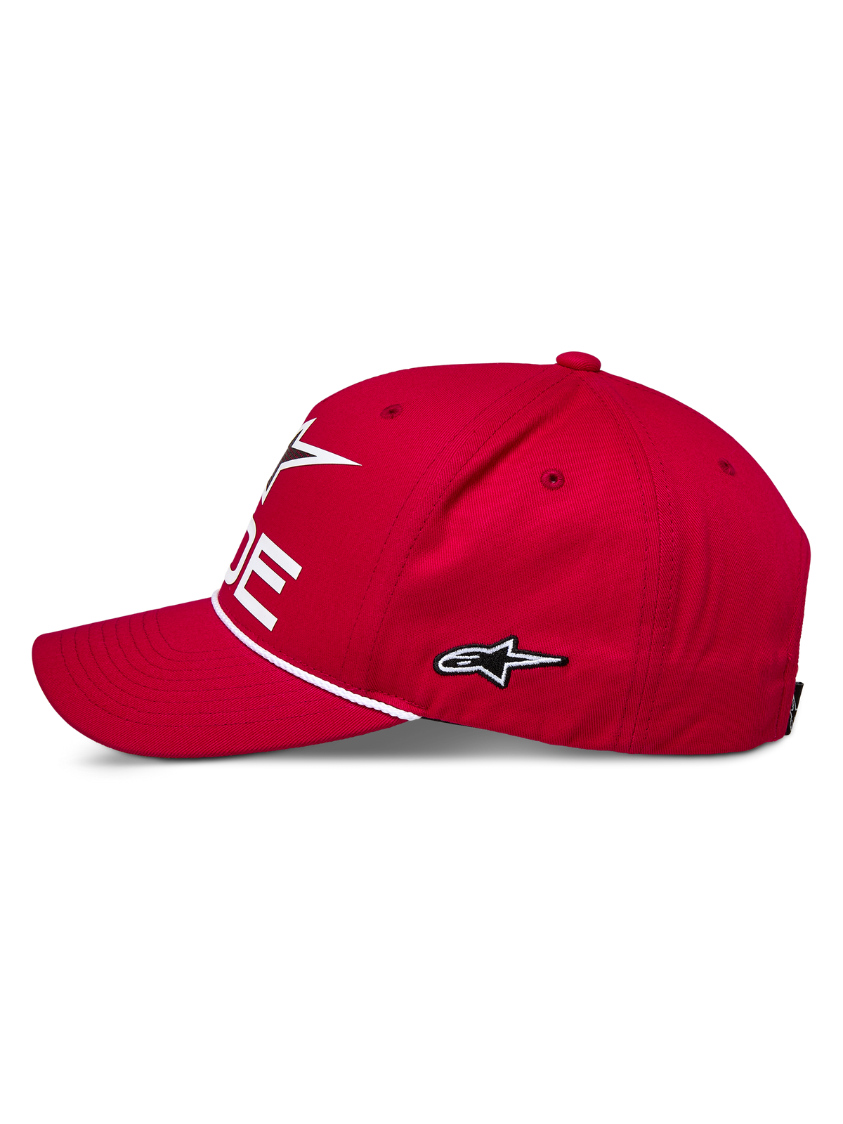 Alpinestars Ride Comp Snapback Kappe, Rot, Seitenprofil, weiß gesticktes Stern-Logo, geflochtener Seilbesatz, gebogener Schirm, lässige Motorsport-Sportbekleidung