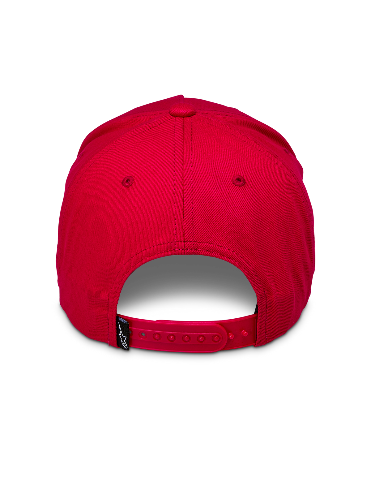 Alpinestars Ride Comp Snapback Mütze, Rot, Rückansicht mit verstellbarem rotem Snapback-Verschluss und kleinem schwarzen Webetikett mit weißem Logo, strukturierte Krone, lässige Kopfbedeckung
