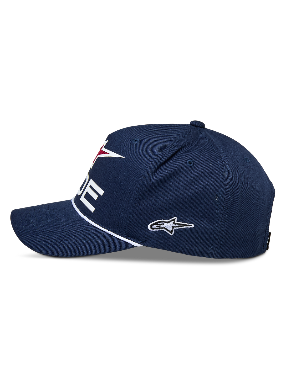 Alpinestars Ride Comp Snapback Cap, Navy, Weiß und Rot, Seitenansicht, strukturierte Krone mit gebogenem Schirm, weißer geflochtener Seilbesatz, gesticktes Seitenlogo, lässige Motorsport-Kopfbedeckung