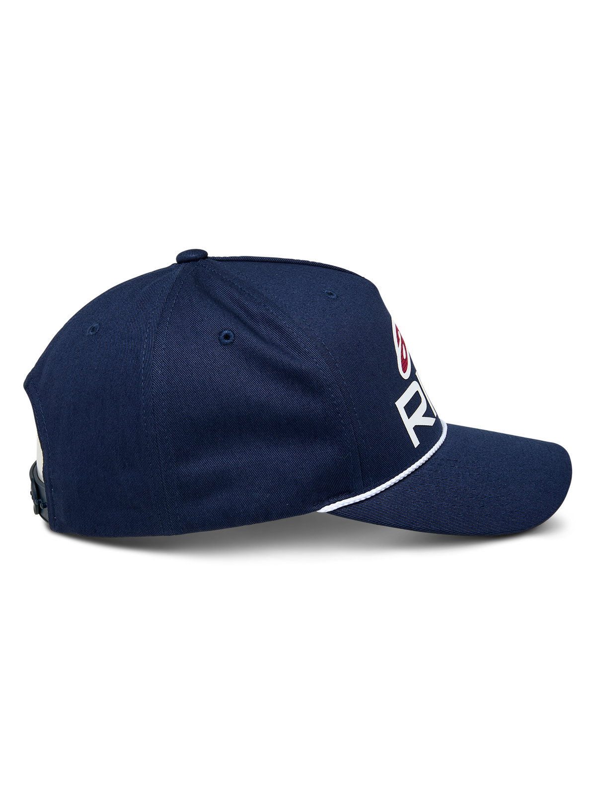 Alpinestars Ride Comp Snapback Mütze, Dunkelblau mit weißen und roten Akzenten, Seitenansicht mit gebogenem Schirm und weißem geflochtenen Seilbesatz, strukturierte Krone, lässige Motorsport-Kopfbedeckung