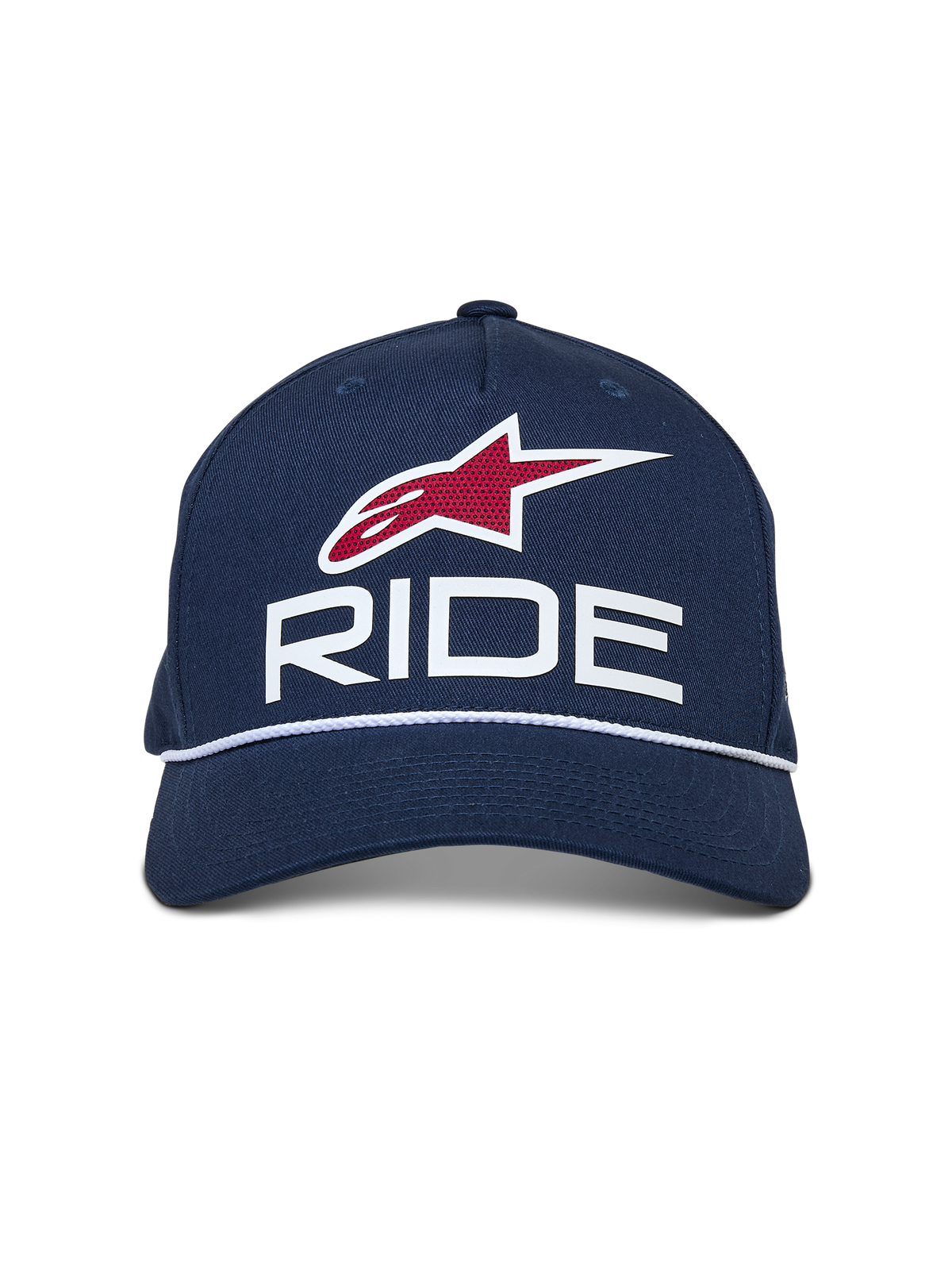 Alpinestars Ride Comp Snapback Mütze, Dunkelblau mit weißen und roten Akzenten, mit 3D-RIDE-Logo, rotem Stern-Emblem und weißem geflochtenem Seilbesatz, gebogener Schirm, lässige Motorsport-Kopfbedeckung