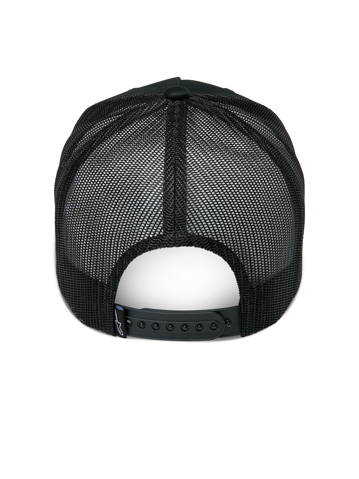 Alpinestars Ageless Trucker pet, zwart, achteraanzicht, voorzien van zwarte mesh achterpanelen, verstelbare snapback-sluiting en klein Astars-logo label op de achterzijde, casual motorsport-geïnspireerde pet