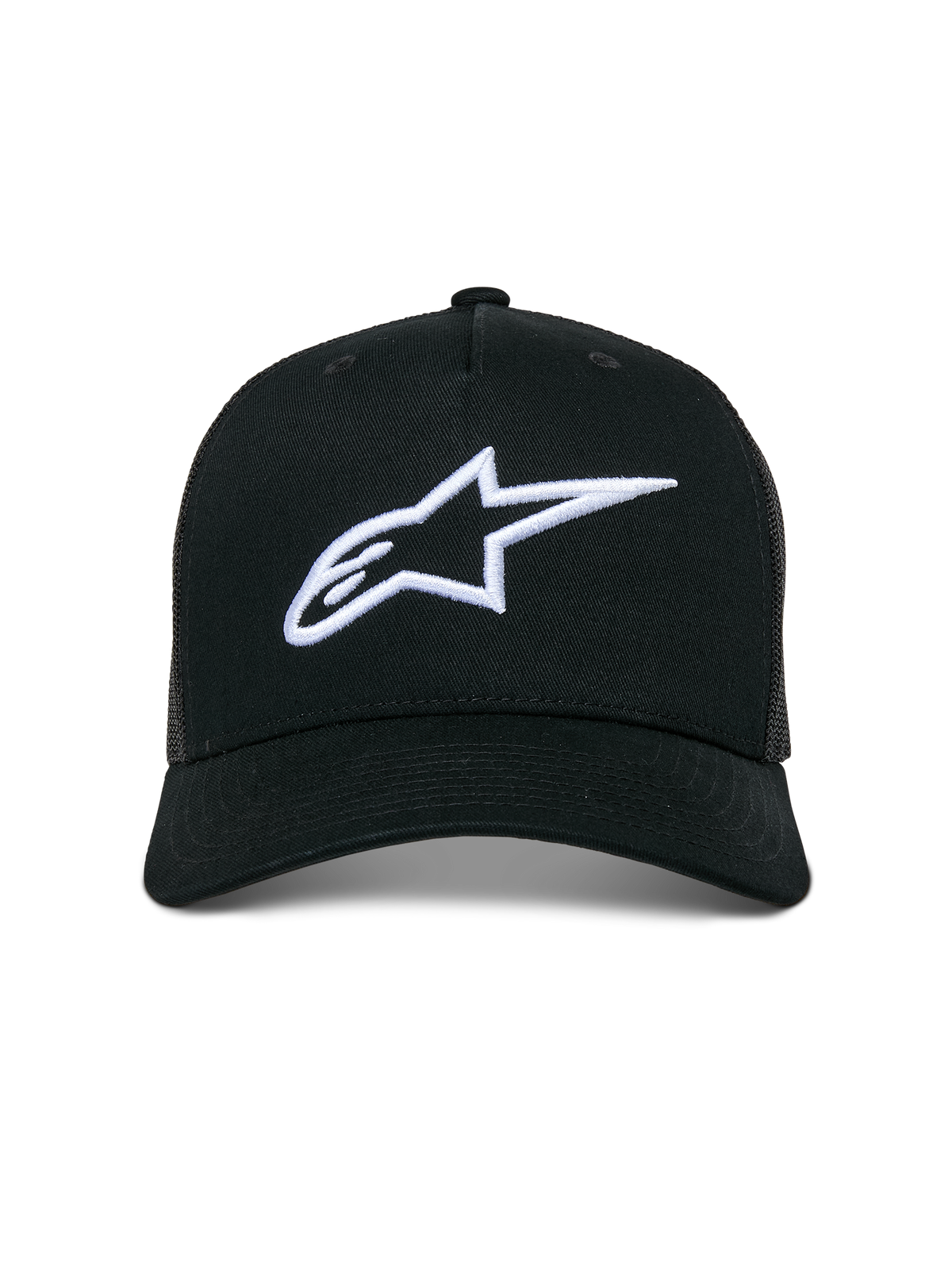 Alpinestars Ageless Trucker pet, casual truckerpet, zwart met wit 3D geborduurd Astars-logo, met een gebogen klep en mesh achterpanelen, motorsport-geïnspireerde streetwear