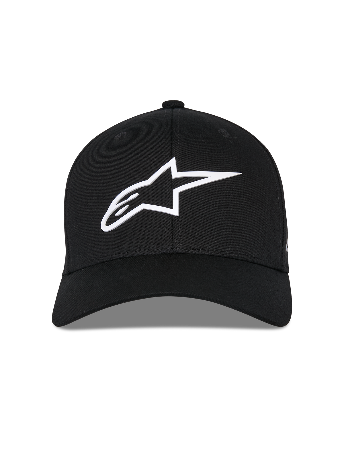 Alpinestars Ageless Multi pet, zwarte baseballcap, vooraanzicht, wit 3D Astars-logo, gebogen klep, gestructureerde kroon, casual sportkleding