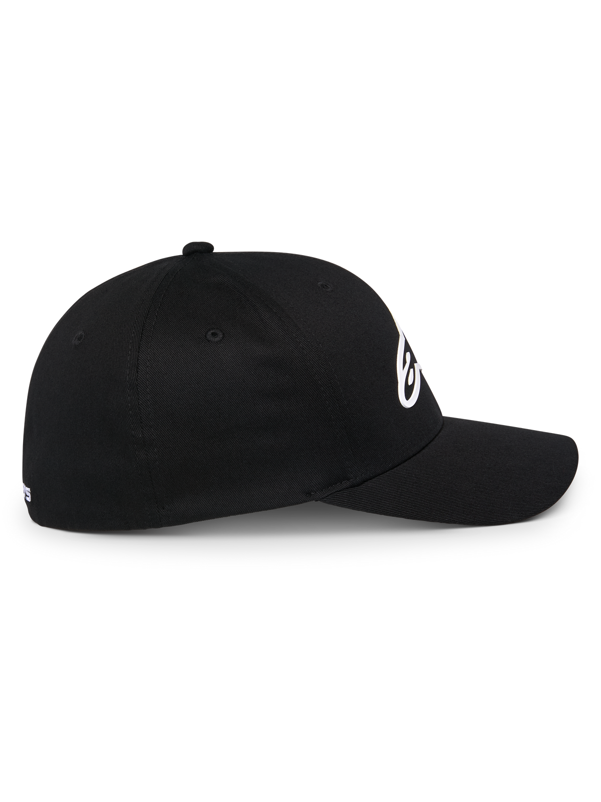 Alpinestars Ageless Multi pet, zwarte sportieve baseballcap, zijaanzicht, gebogen klep en gestructureerde kroon, wit 3D Astars logo, casual motorsport lifestyle